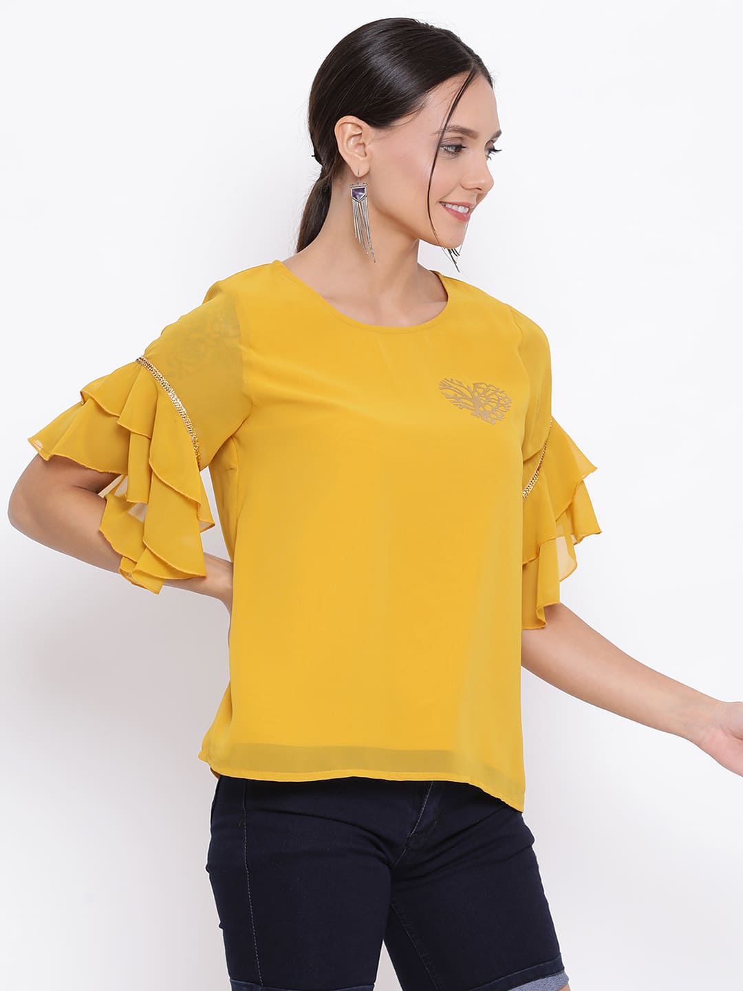 Regular,Yellow Top,Regular Top,Round Neck Top,Short Sleeves Top,Yellow Embellished Top