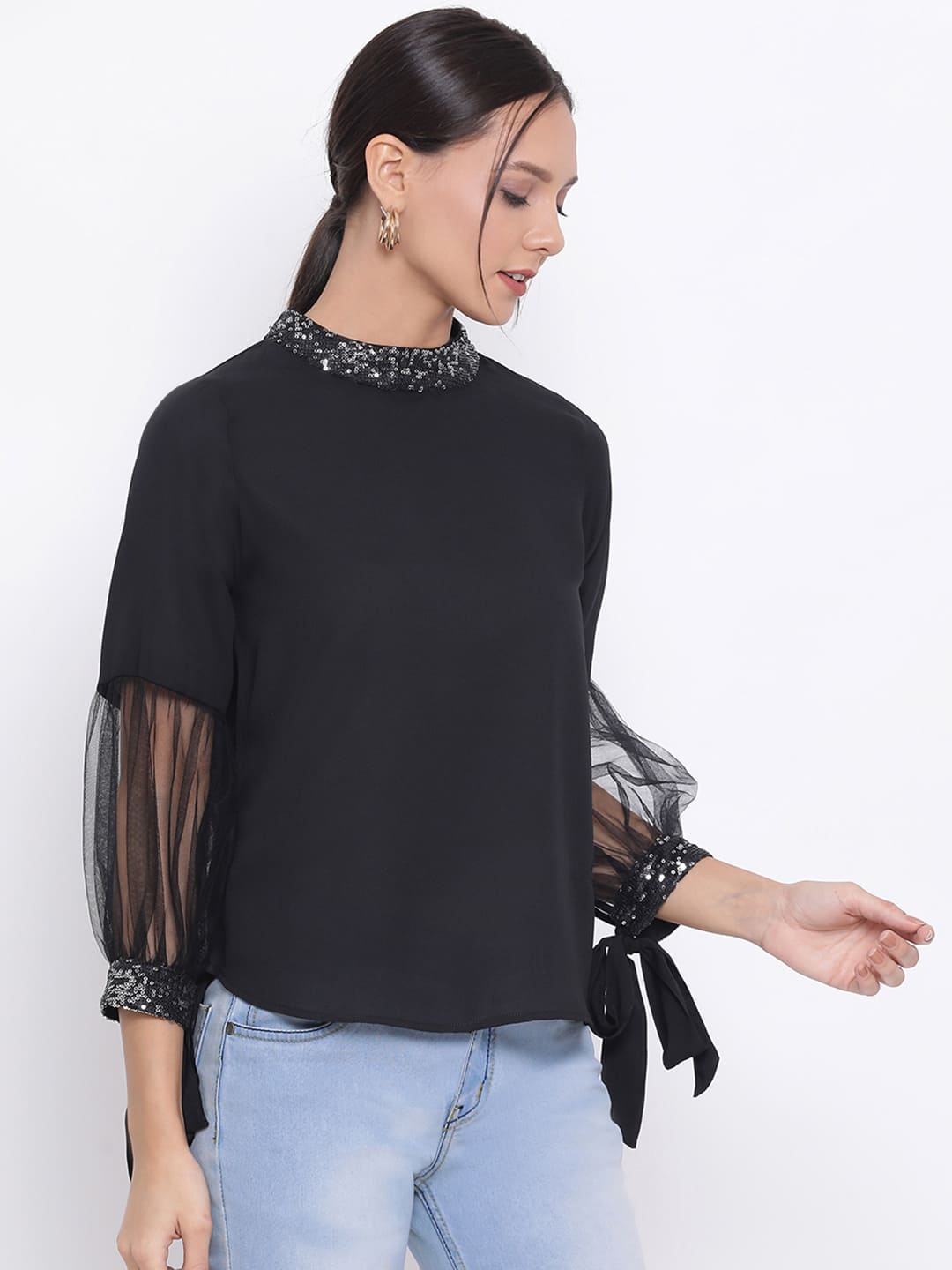 Regular,Black Top,Regular Top,Round Neck Top,Full Sleeves Top,Black Solid Top