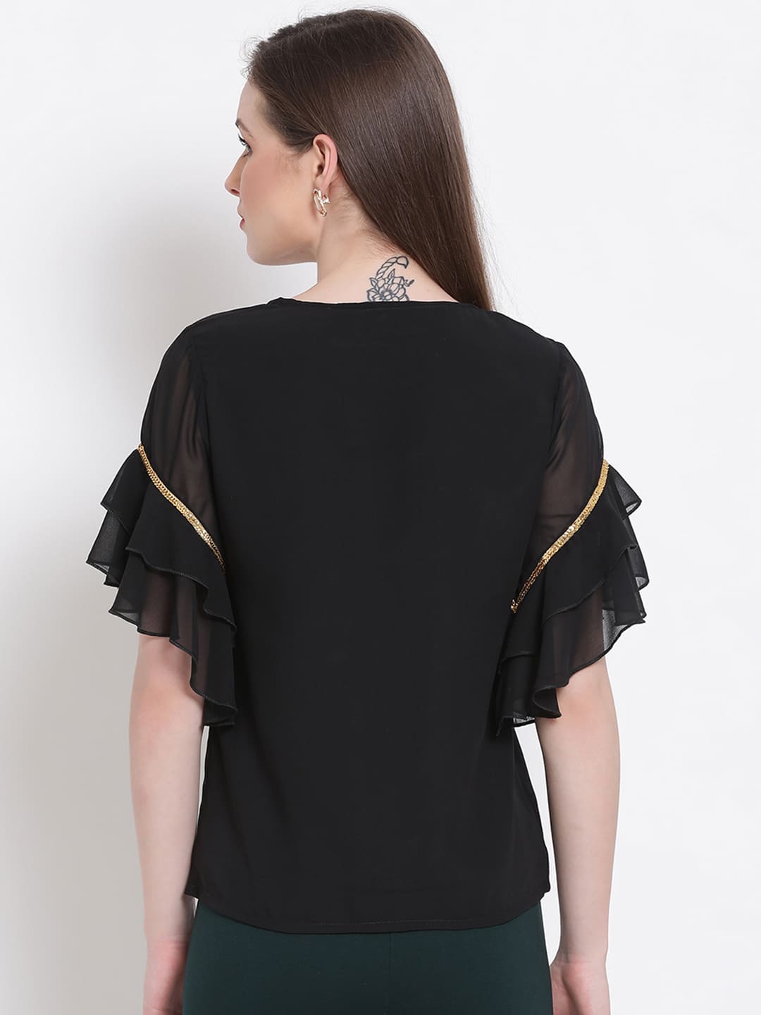 Regular,Black Top,Regular Top,Round Neck Top,Short Sleeves Top,Black Embellished Top