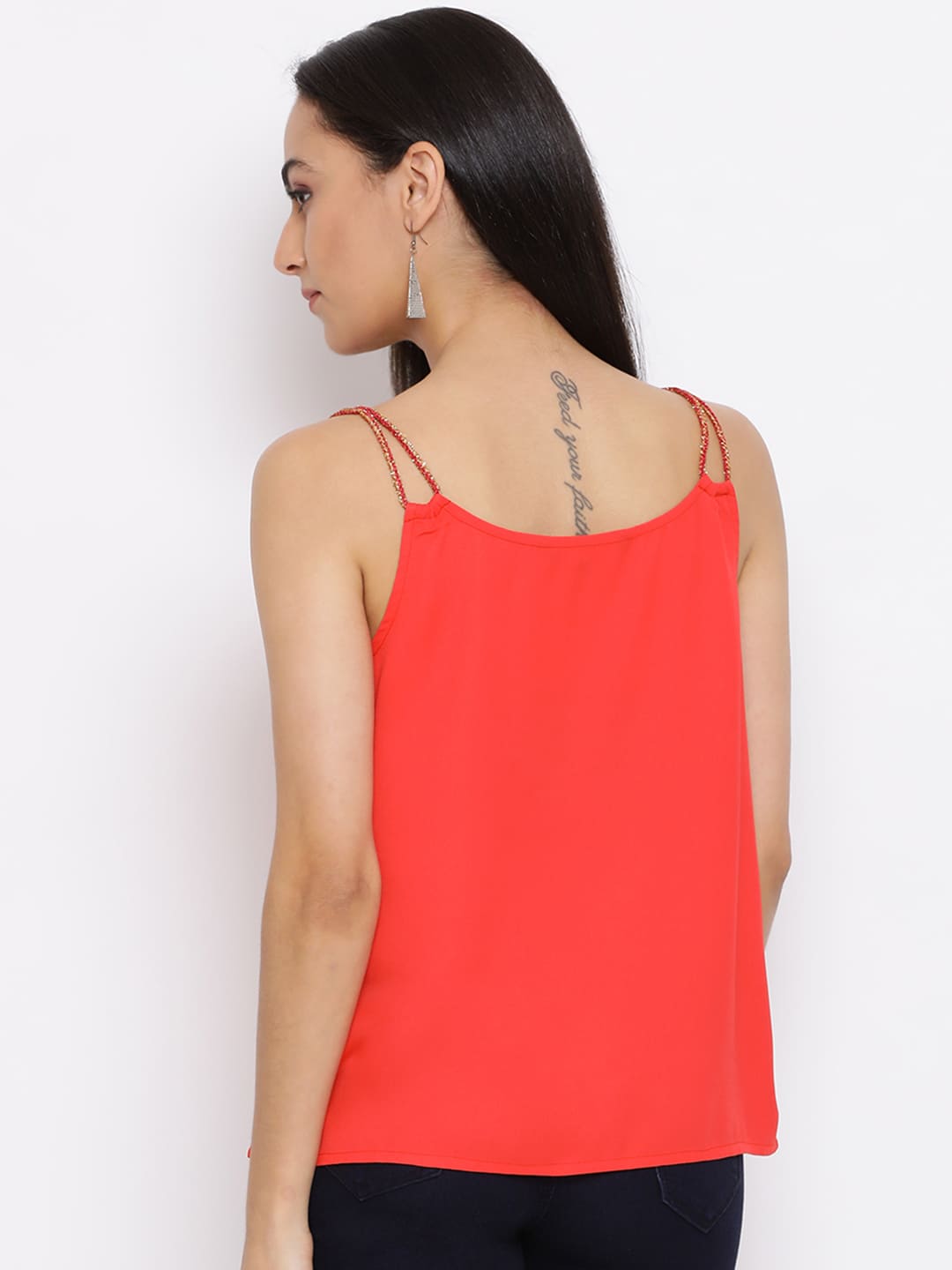 Spaghetti Top,Red Top,Spaghetti Top,V-Neck Top,Sleeveless Top,Red Solid Top