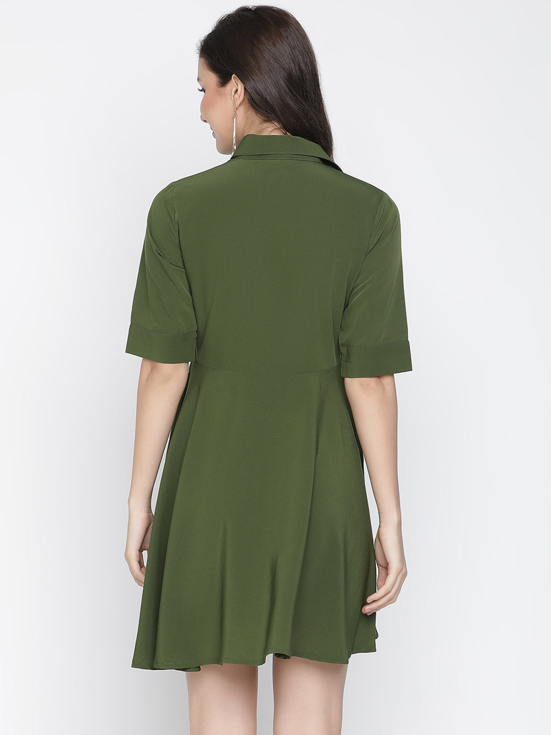 Knee Length,Green Dress,Knee Length Dress,Collared Neck Dress,Short Sleeves Dress,Green Solid Dress