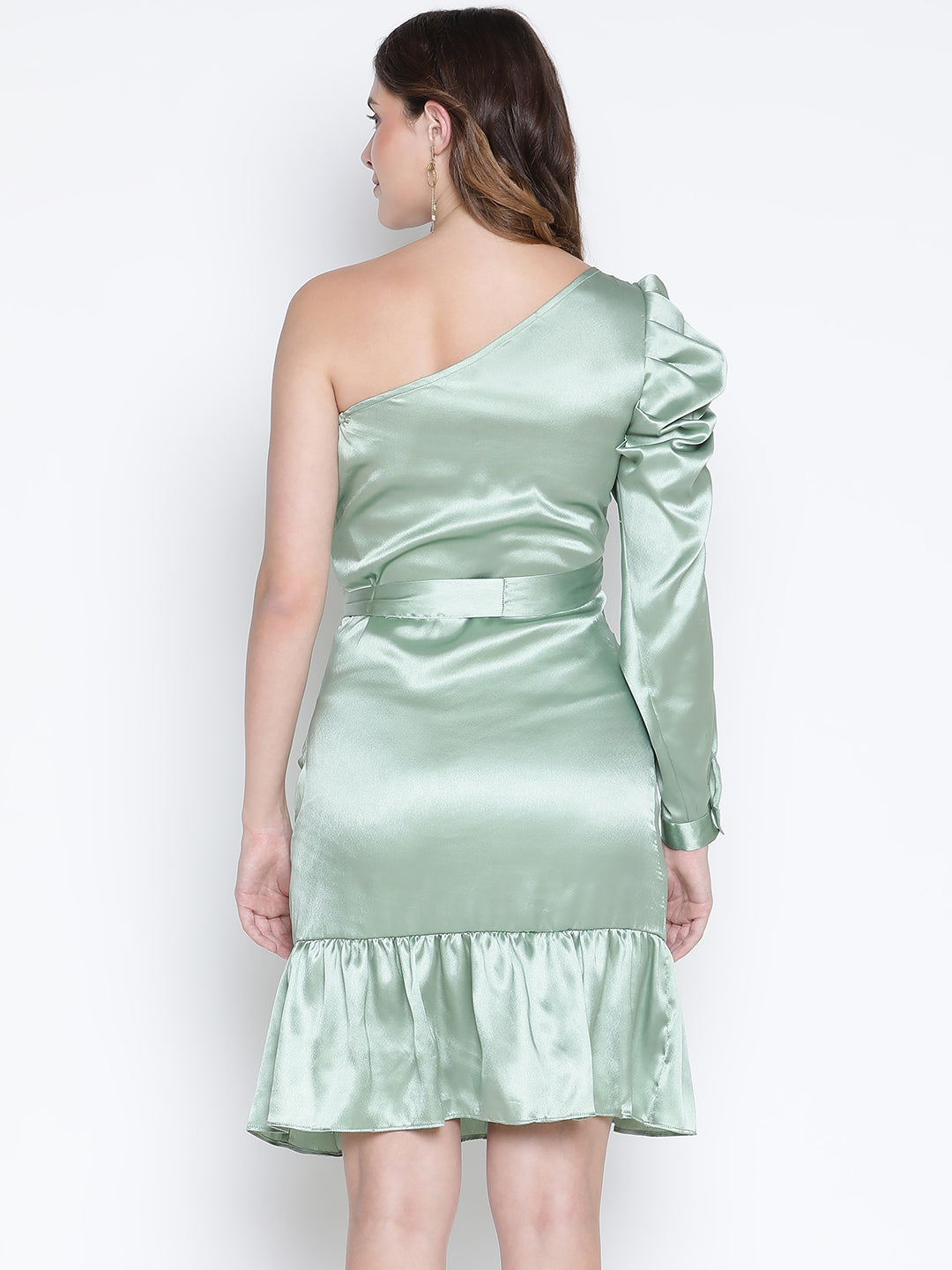 Knee Length,Green Dress,Knee Length Dress,Cold Shoulder Dress,Full Sleeves Dress,Green Solid Dress