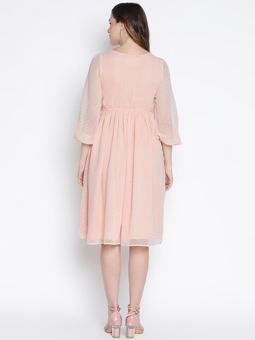 Knee Length,Peach Dress,Knee Length Dress,Collared Neck Dress,Quater Sleeves Dress,Peach Solid Dress