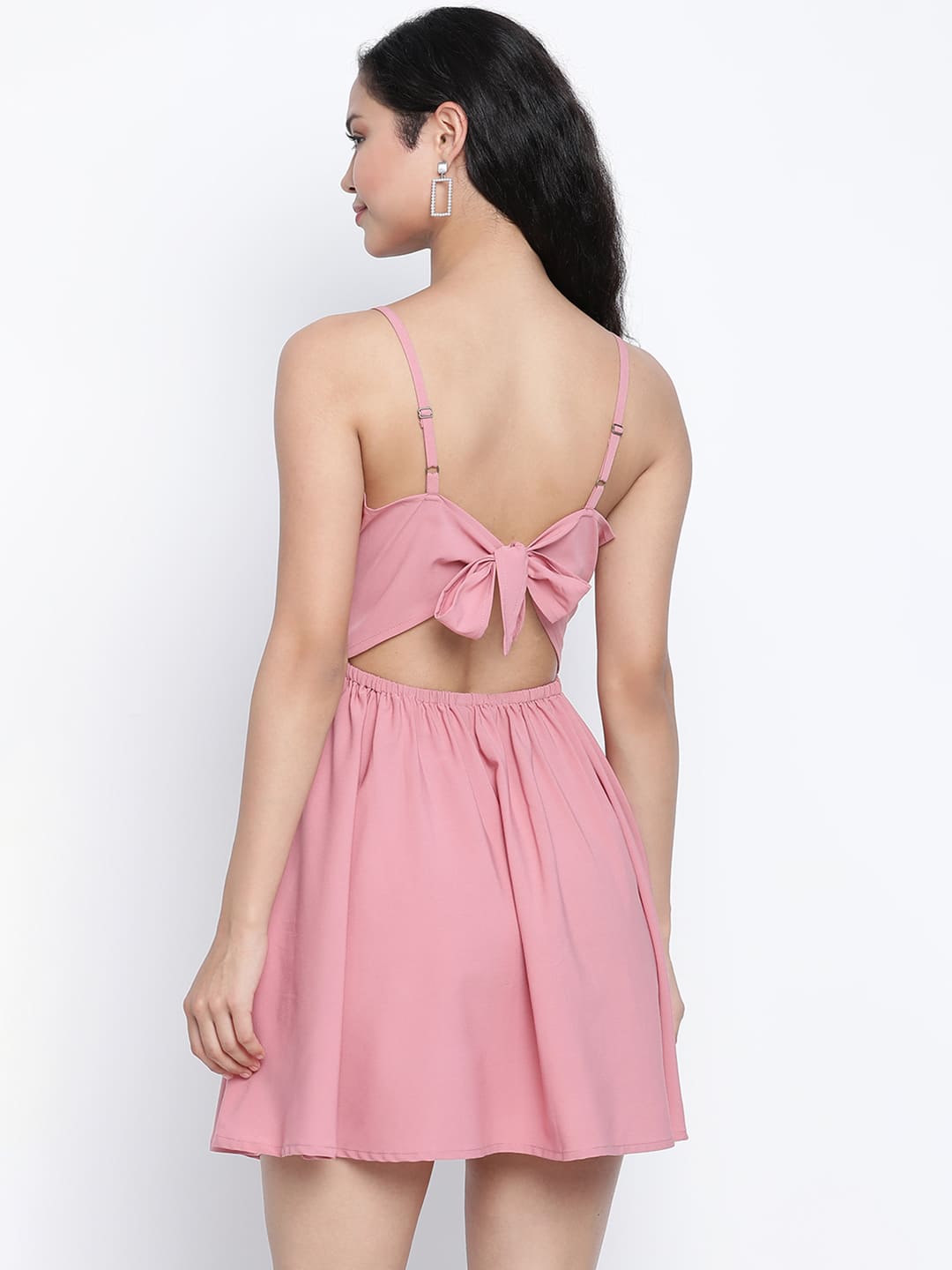 Knee Length,Pink Dress,Knee Length Dress,V-Neck Dress,Sleeveless Dress,Pink Solid Dress