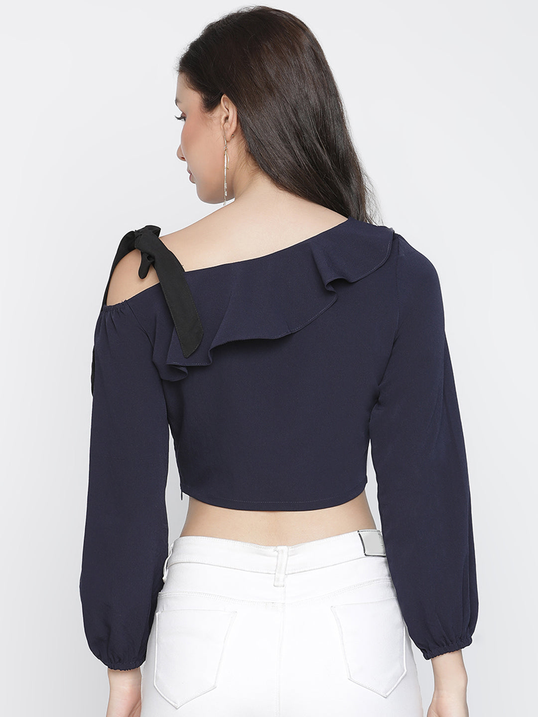 Crop Top,Blue Top,Crop Top,Cold Shoulder Top,Full Sleeves Top,Blue Solid Top