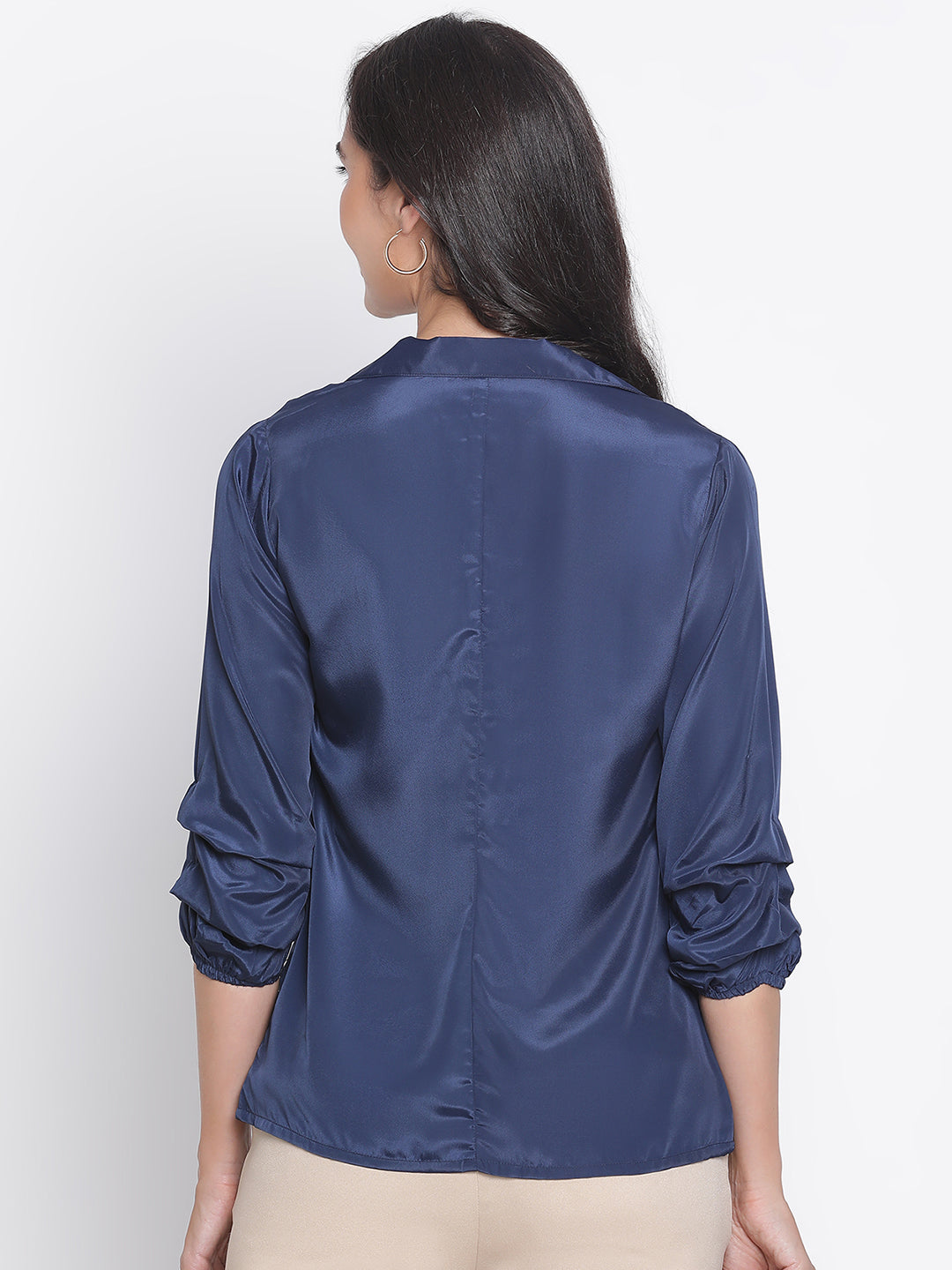 Regular,Blue Top,Regular Top,Lapel Neck Top,Quater Sleeves Top,Blue Solid Top