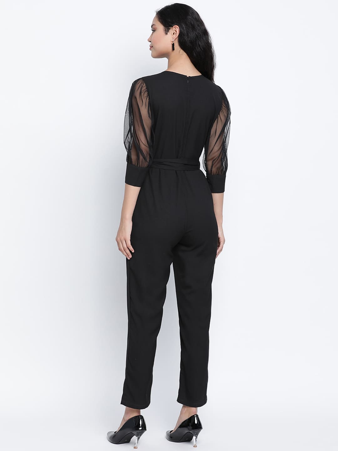 Ankle Length,Black Jumpsuit,Ankle Length Jumpsuit,V-Neck Jumpsuit,Quater Sleeves Jumpsuit,Black Solid Jumpsuit