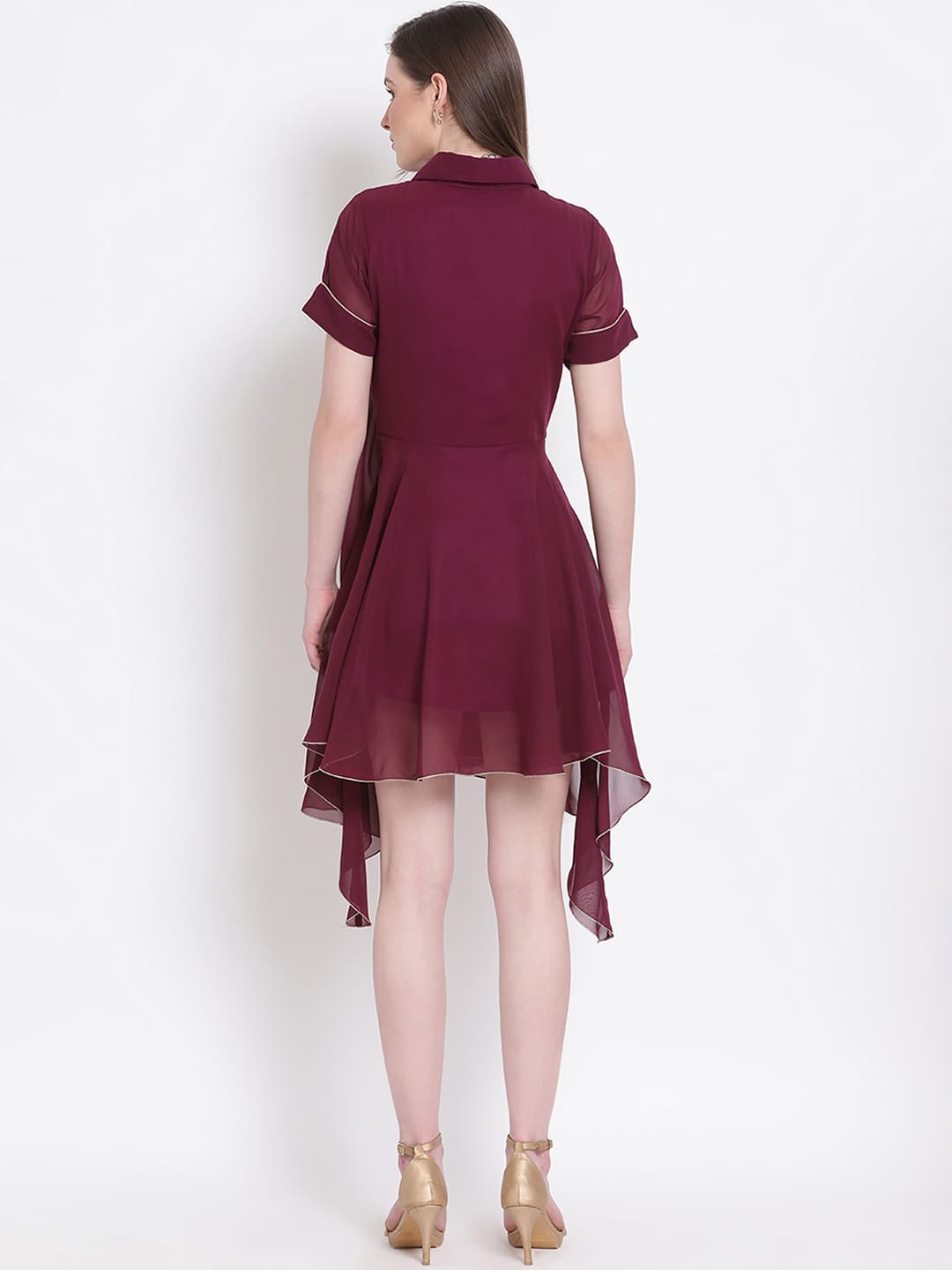 Above Knee,Maroon Dress,Above Knee Dress,Collared Neck Dress,Short Sleeves Dress,Maroon Embellished Dress