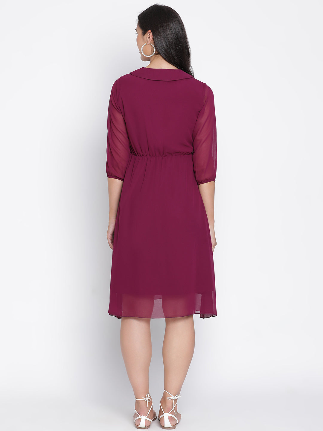 Knee Length,Maroon Dress,Knee Length Dress,Collared Neck Dress,Quater Sleeves Dress,Maroon Solid Dress