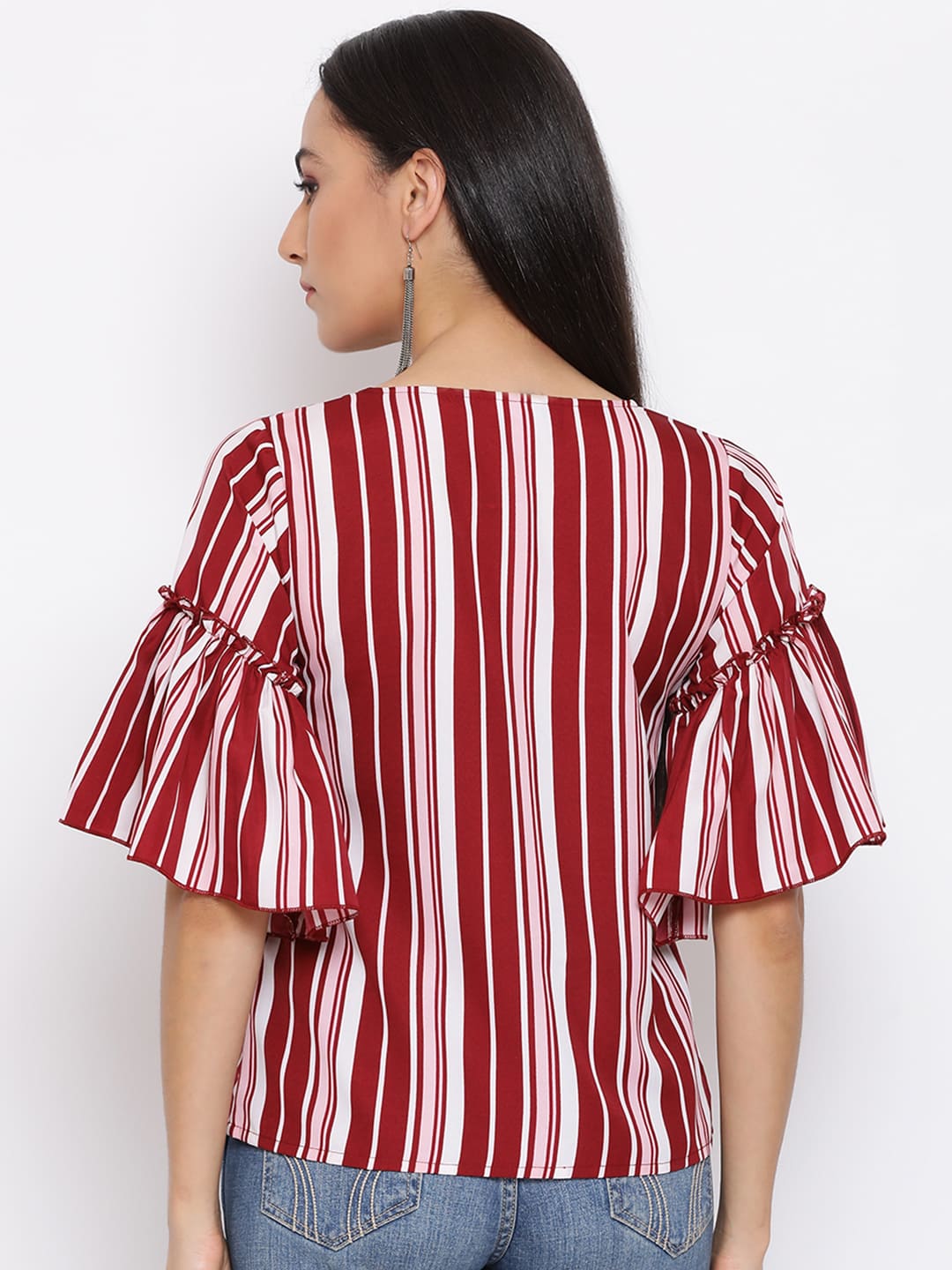 Regular,Red Top,Regular Top,Round Neck Top,Quater Sleeves Top,Red Stripes Top