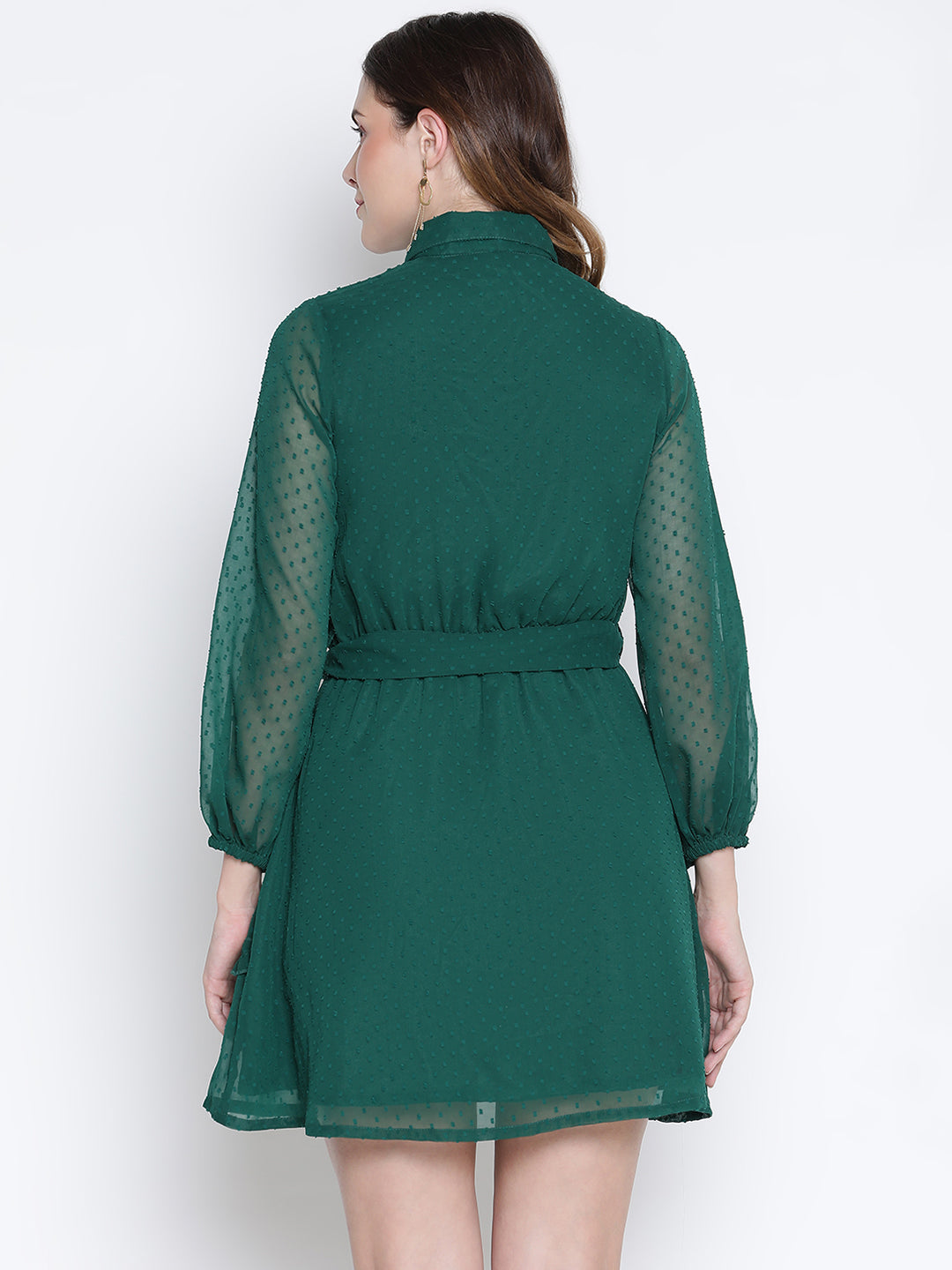 Knee Length,Green Dress,Knee Length Dress,Collared Neck Dress,Full Sleeves Dress,Green Solid Dress