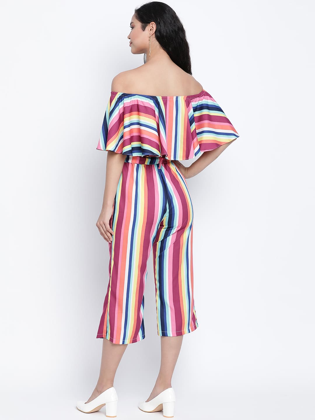 Ankle Length,Multicolor Jumpsuit,Ankle Length Jumpsuit,Off Shoulder Jumpsuit,Sleeveless Jumpsuit,Multi Stripes Jumpsuit