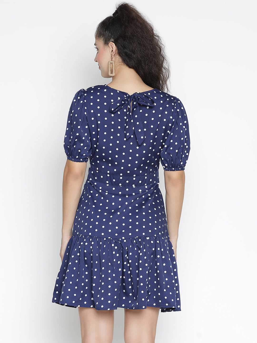 Knee Length,Blue Dress,Knee Length Dress,Round Neck Dress,Short Sleeves Dress,Blue Polka Dot Dress