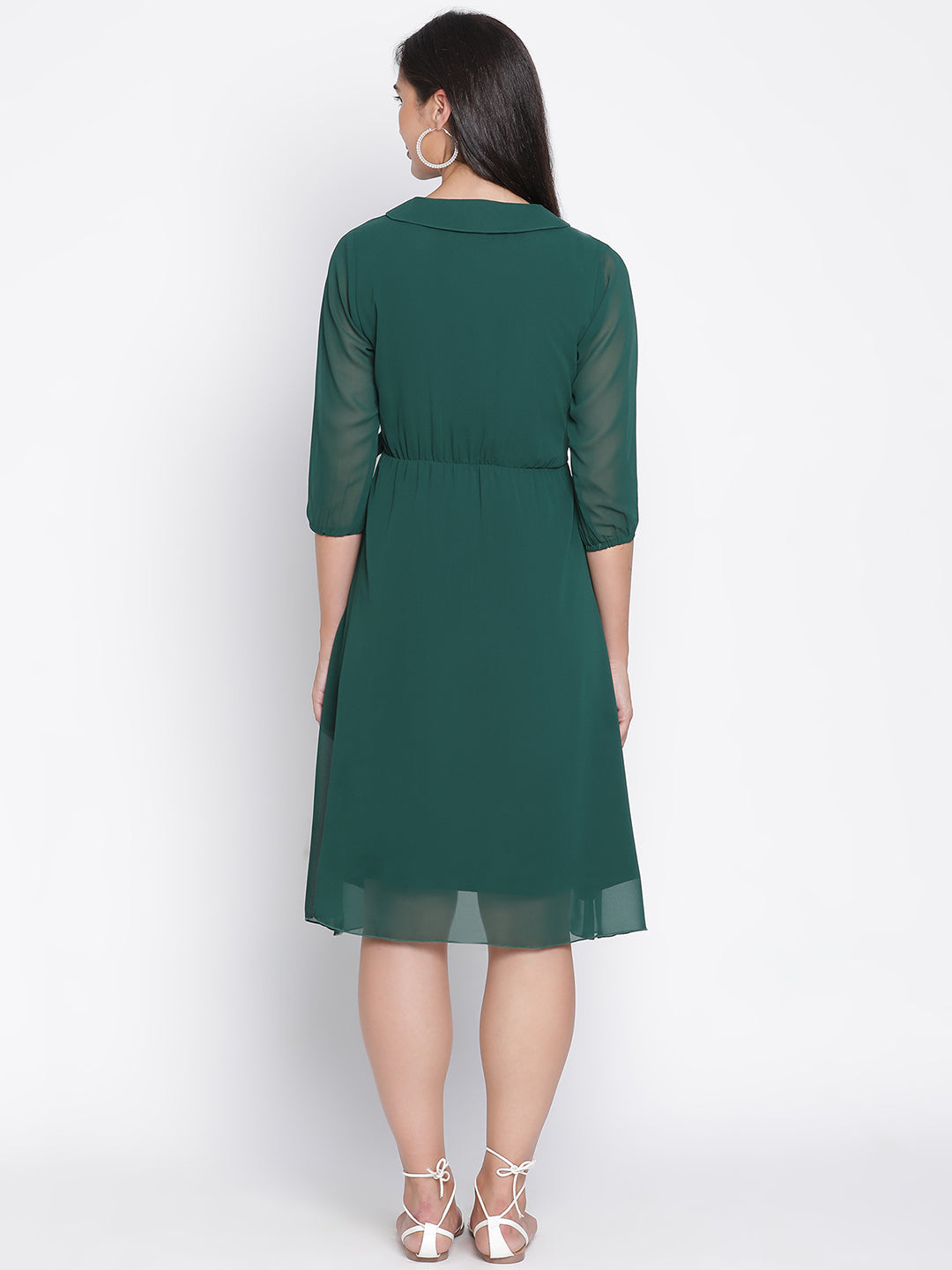 Knee Length,Green Dress,Knee Length Dress,Collared Neck Dress,Quater Sleeves Dress,Green Solid Dress