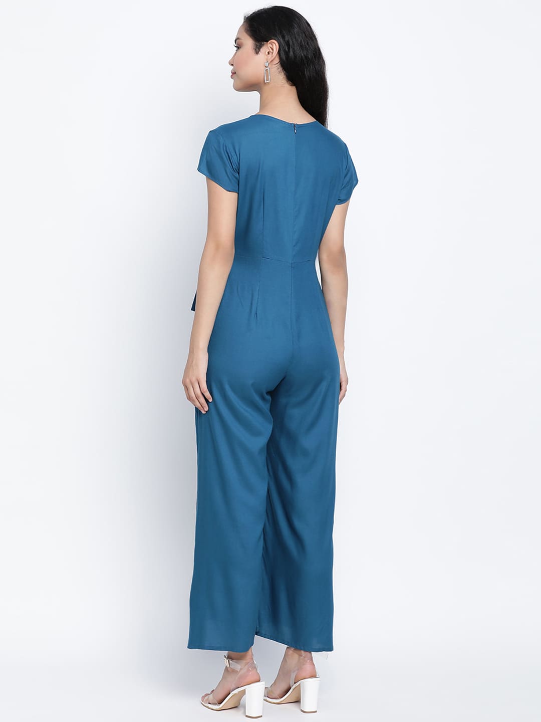 Ankle Length,Blue Jumpsuit,Ankle Length Jumpsuit,V-Neck Jumpsuit,Short Sleeves Jumpsuit,Blue Solid Jumpsuit