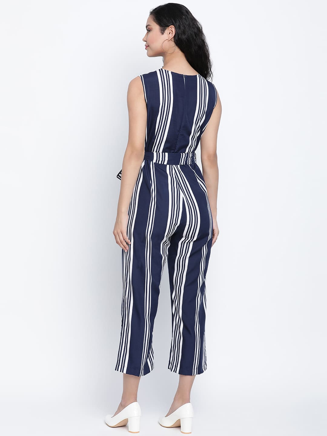 Ankle Length,Blue Jumpsuit,Ankle Length Jumpsuit,V-Neck Jumpsuit,Sleeveless Jumpsuit,Blue Stripes Jumpsuit