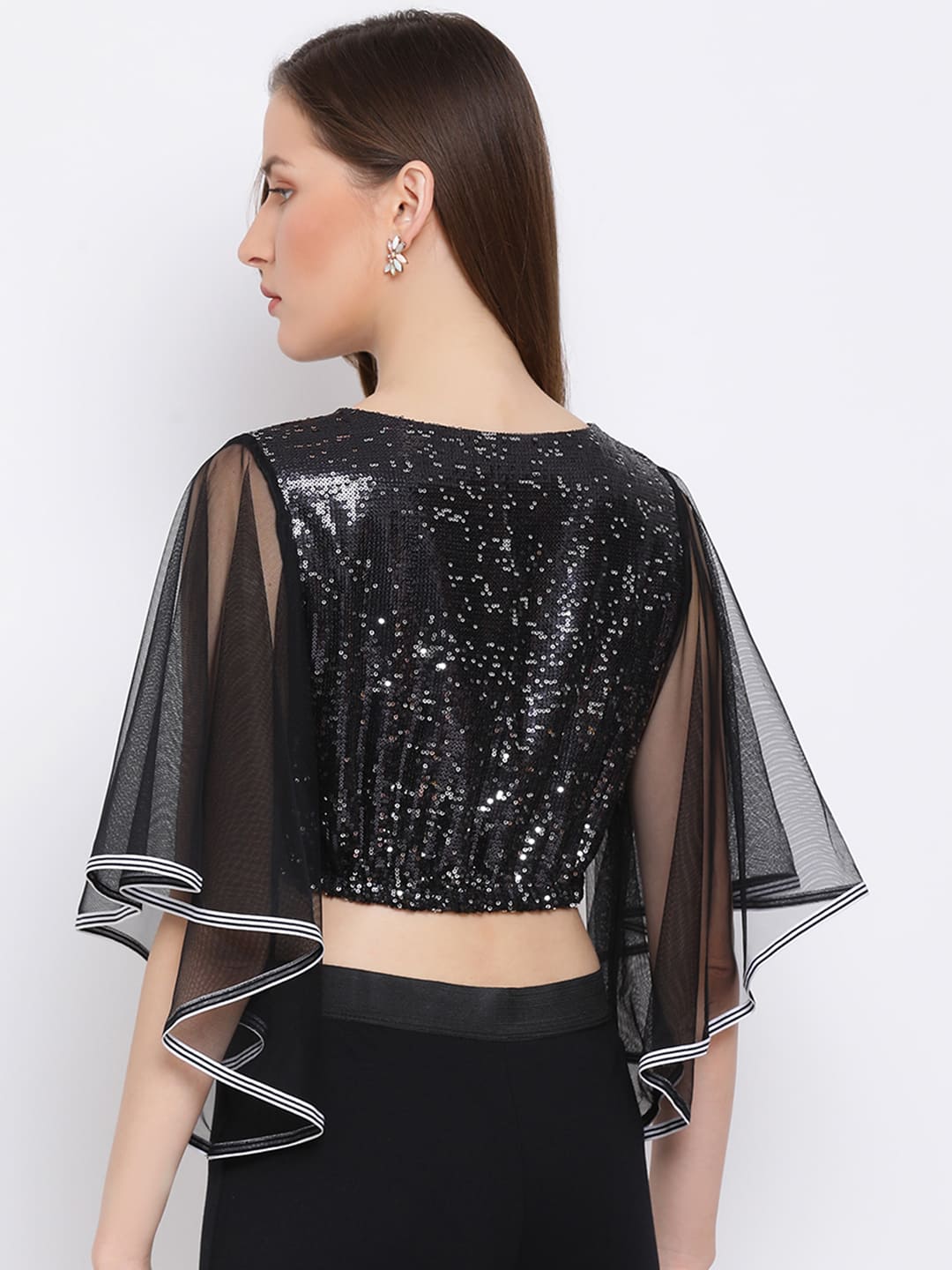 Crop Top,Black Top,Crop Top,Round Neck Top,Quater Sleeves Top,Black Sequined Top