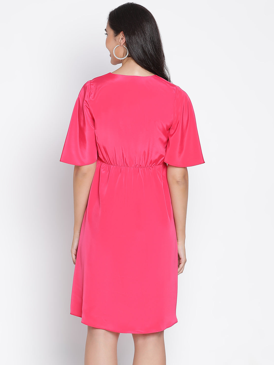 Knee Length,Pink Dress,Knee Length Dress,V-Neck Dress,Short Sleeves Dress,Pink Solid Dress