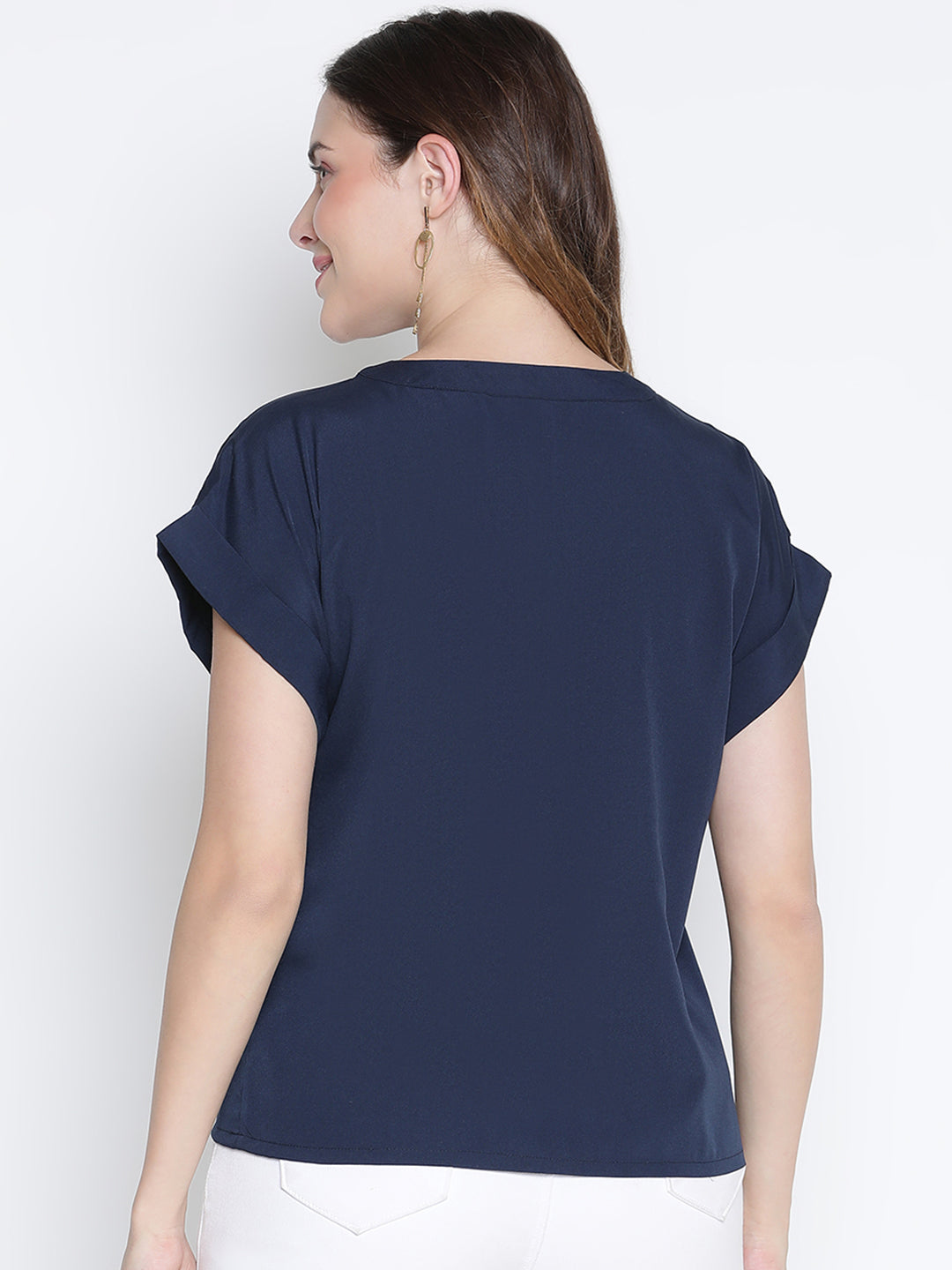 Regular,Blue Top,Regular Top,V-Neck Top,Short Sleeves Top,Blue Solid Top