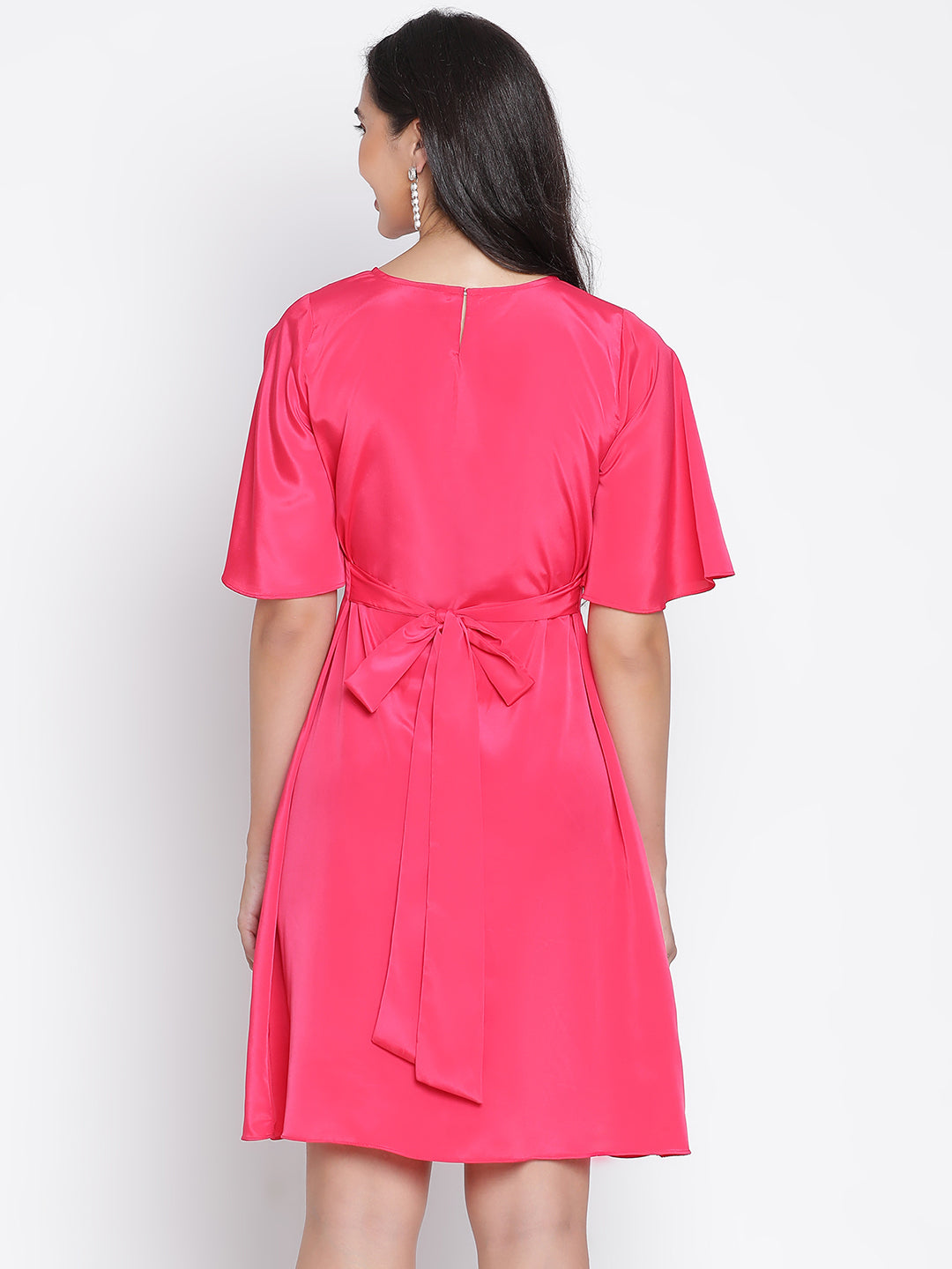 Above Knee,Pink Dress,Above Knee Dress,Round Neck Dress,Short Sleeves Dress,Pink Solid Dress