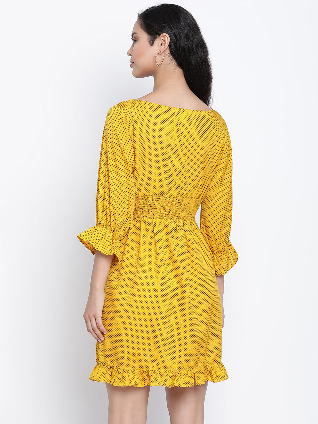 Knee Length,Yellow Dress,Knee Length Dress,Round Neck Dress,Quater Sleeves Dress,Yellow Solid Dress