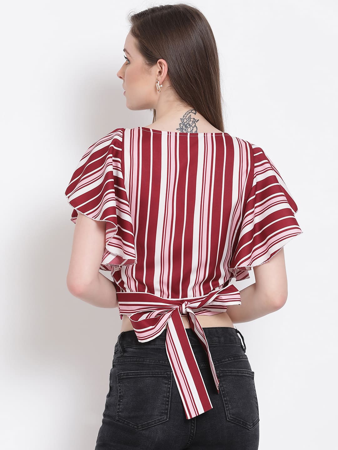 Crop Top,Red Top,Crop Top,V-Neck Top,Short Sleeves Top,Red Striped Top