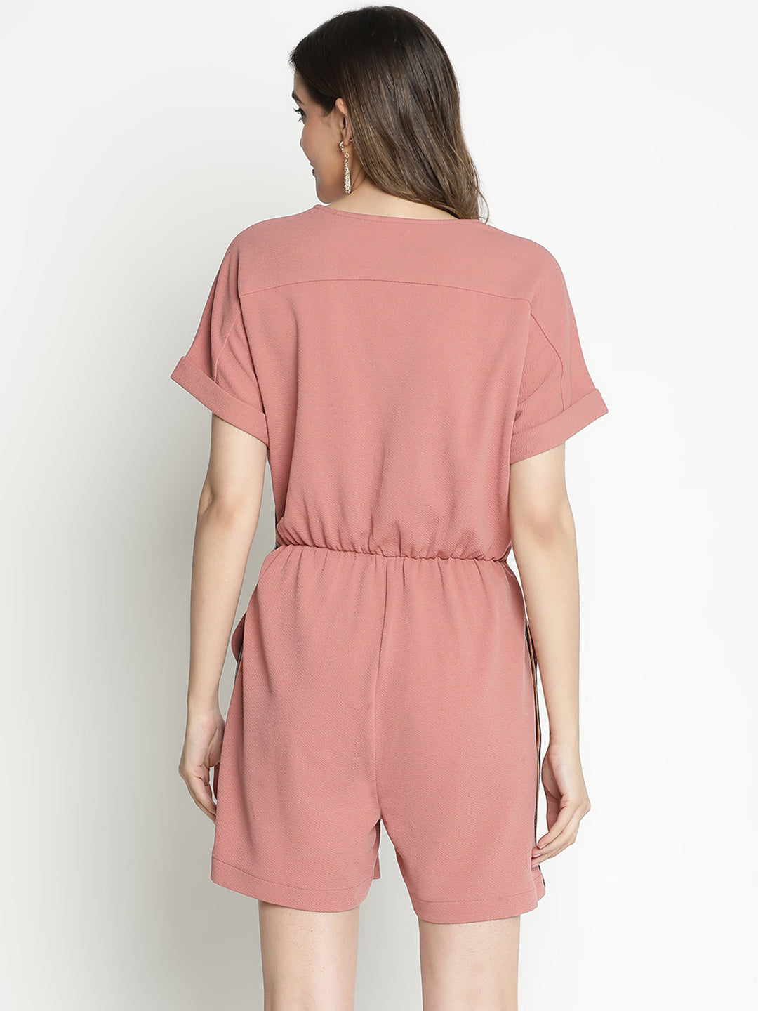 Above Knee,Pink Jumpsuit,Above Knee Jumpsuit,V-Neck Jumpsuit,Short Sleeves Jumpsuit,Pink Solid Jumpsuit