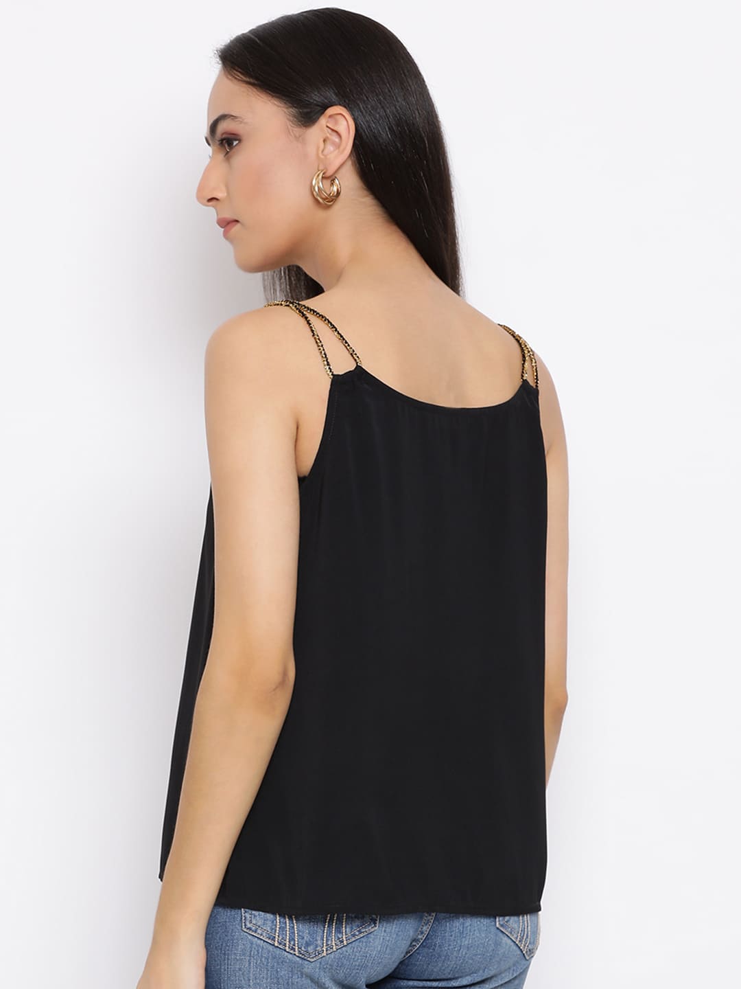 Spaghetti Top,Black Top,Spaghetti Top,Round Neck Top,Sleeveless Top,Black Solid Top