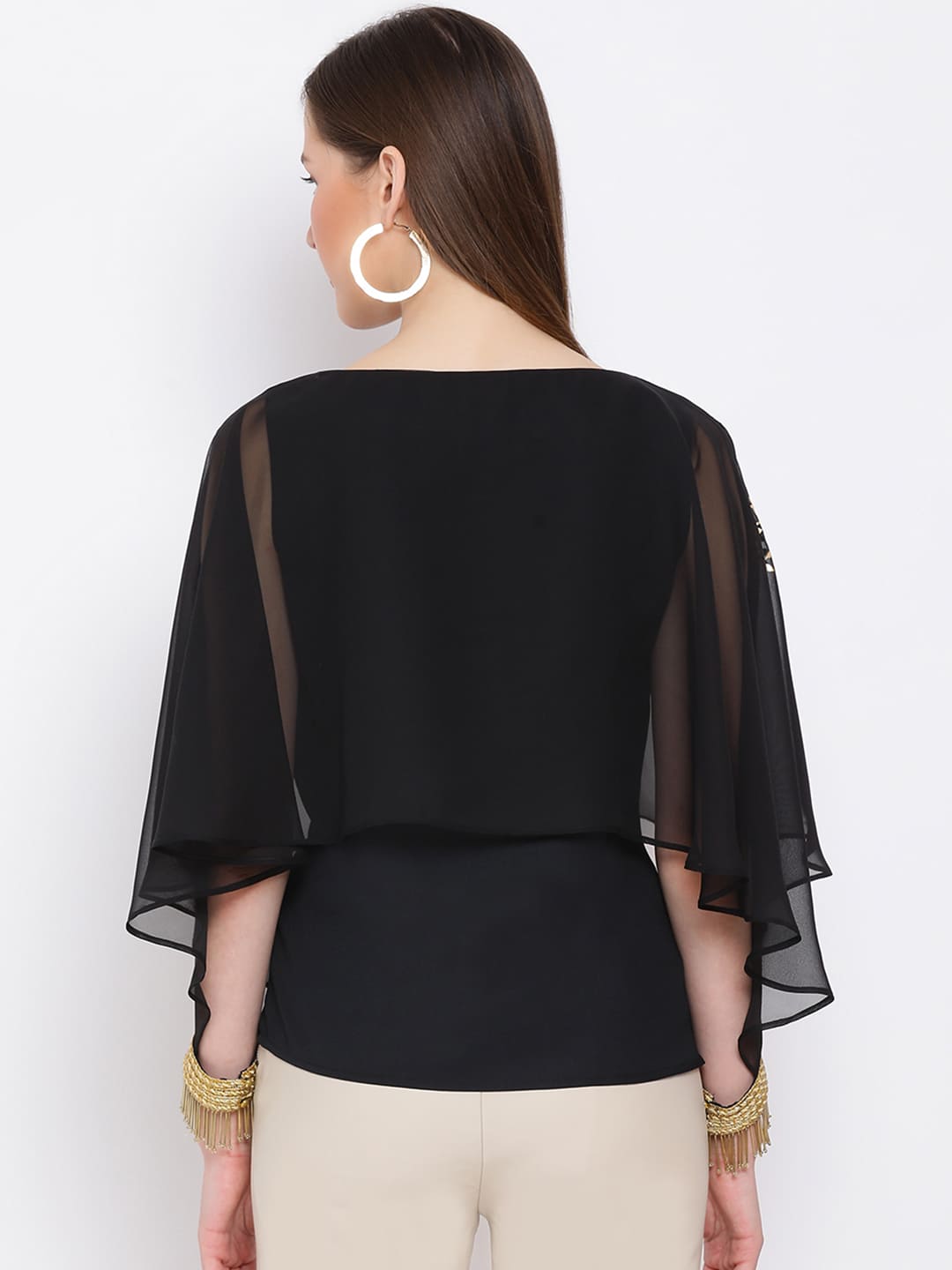 Regular,Black Top,Regular Top,Round Neck Top,Quater Sleeves Top,Black Embellished Top