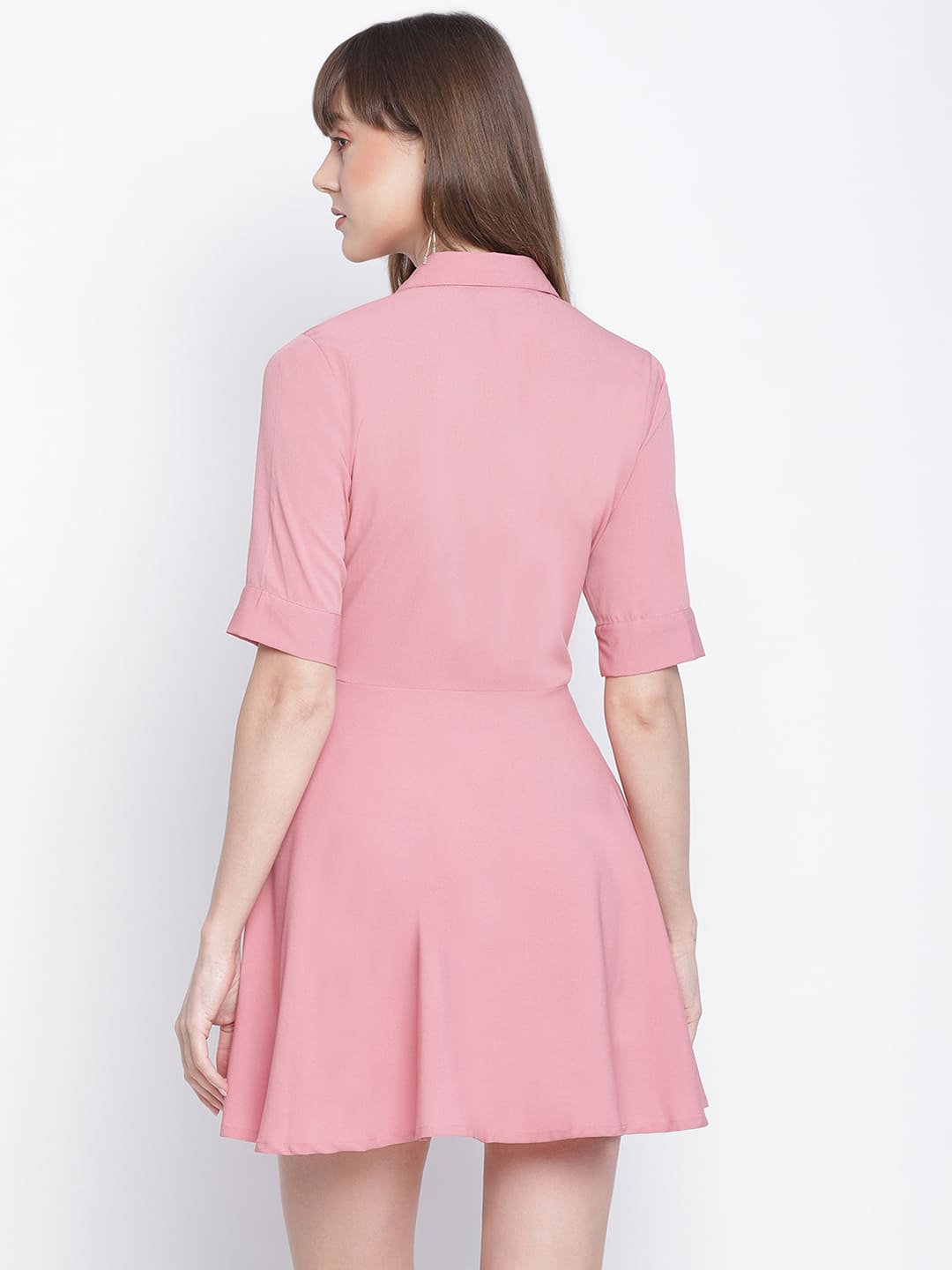 Knee Length,Pink Dress,Knee Length Dress,Collared Neck Dress,Short Sleeves Dress,Pink Solid Dress