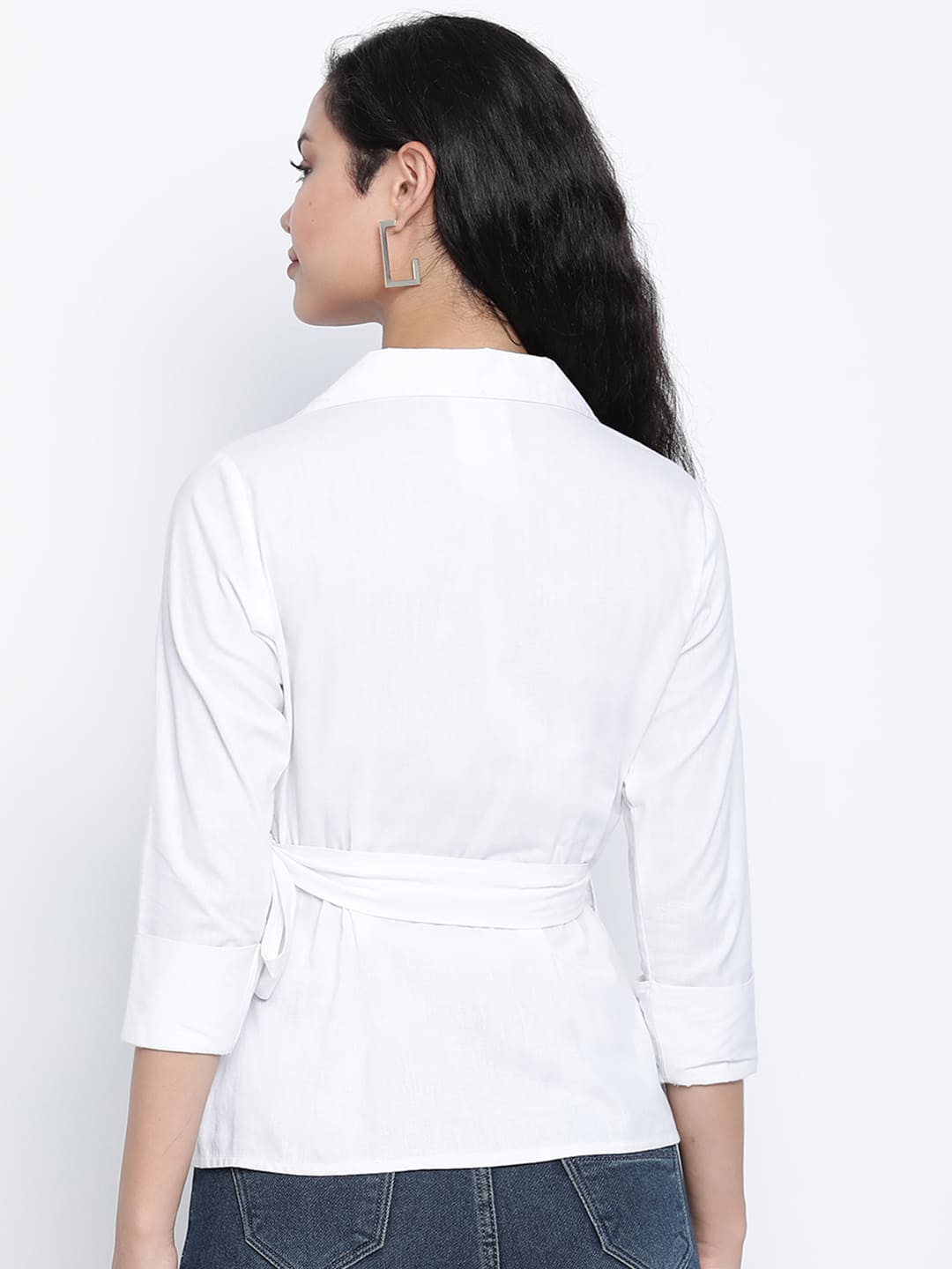 Regular,White Top,Regular Top,Collared Neck Top,Quater Sleeves Top,White Solid Top