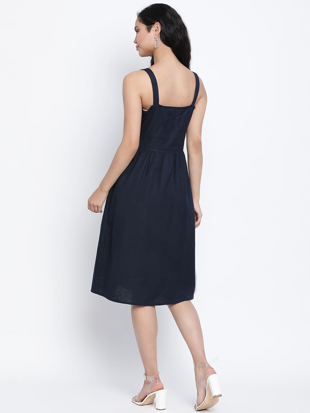 Knee Length,Blue Dress,Knee Length Dress,Round Neck Dress,Sleeveless Dress,Blue Solid Dress