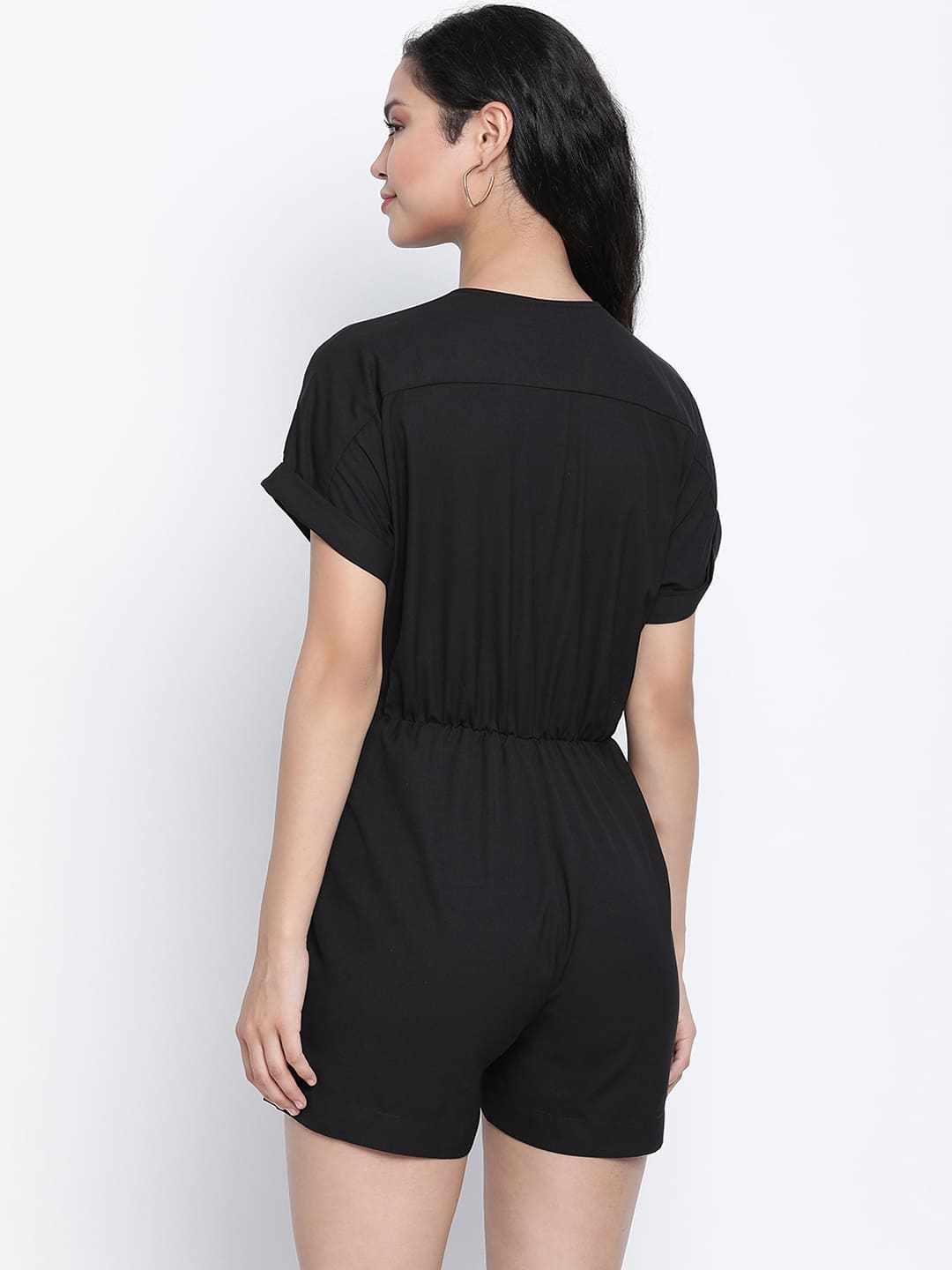 Short,Black Jumpsuit,Short Jumpsuit,V-Neck Jumpsuit,Short Sleeves Jumpsuit,Black Solid Jumpsuit