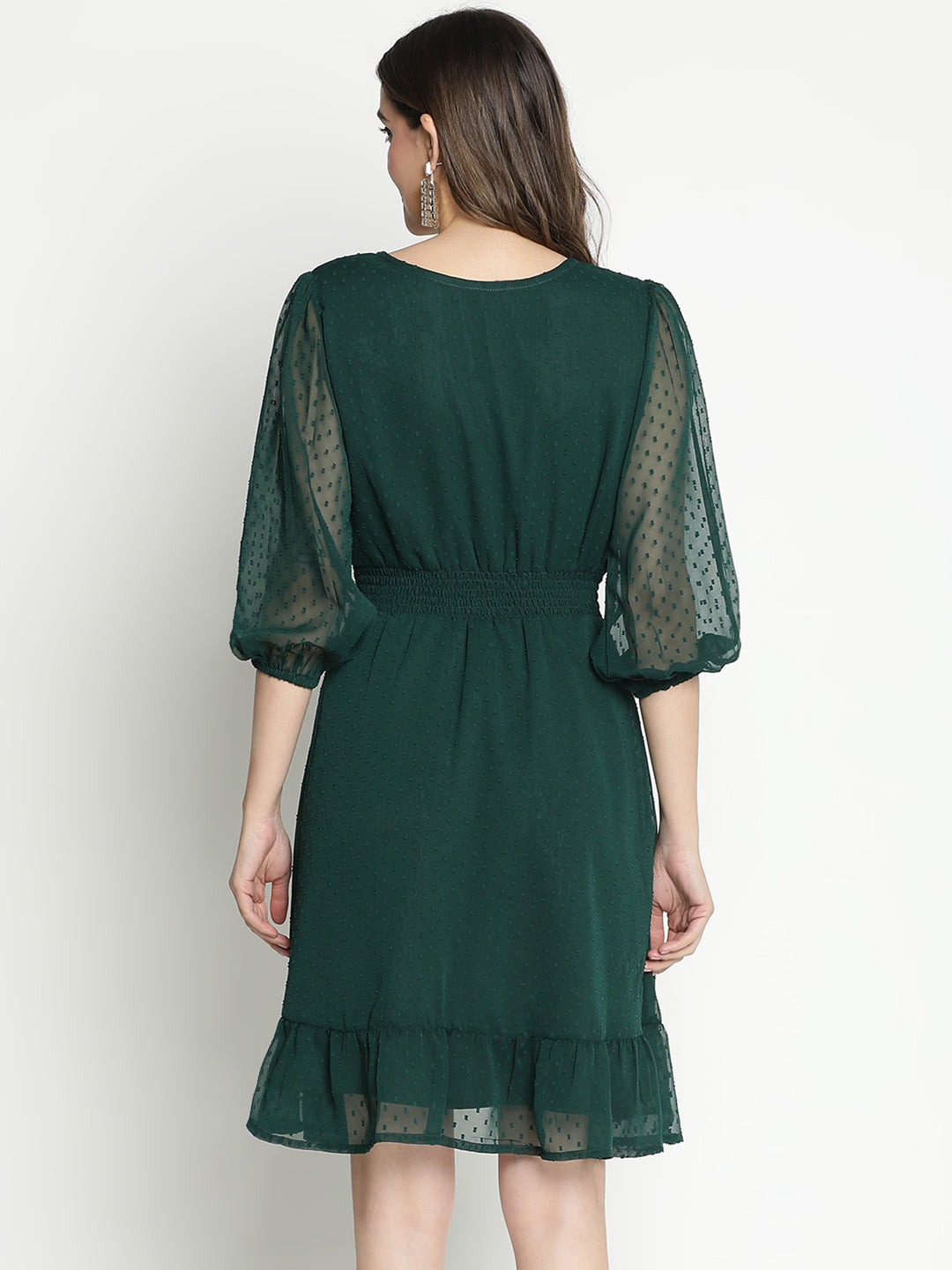 Knee Length,Green Dress,Knee Length Dress,V-Neck Dress,Quater Sleeves Dress,Green Solid Dress