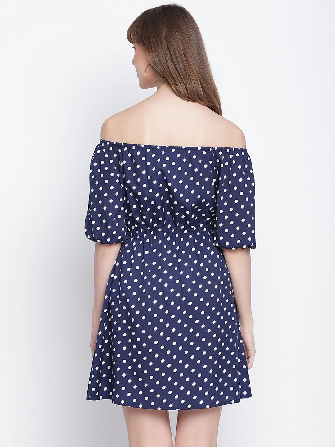 Knee Length,Blue Dress,Knee Length Dress,Off Shoulder Dress,Sleeveless Dress,Blue Polka Dots Dress