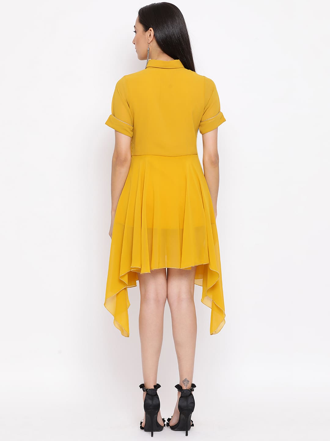 Knee Length,Yellow Dress,Knee Length Dress,Collared Neck Dress,Short Sleeves Dress,Yellow Embellished Dress