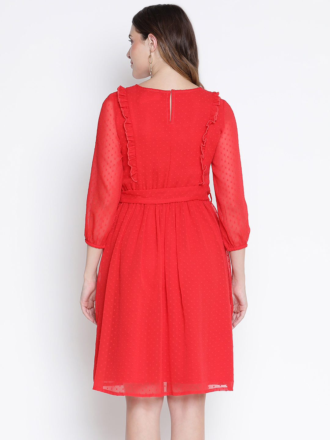 Knee Length,Red Dress,Knee Length Dress,Round Neck Dress,Quater Sleeves Dress,Red Solid Dress