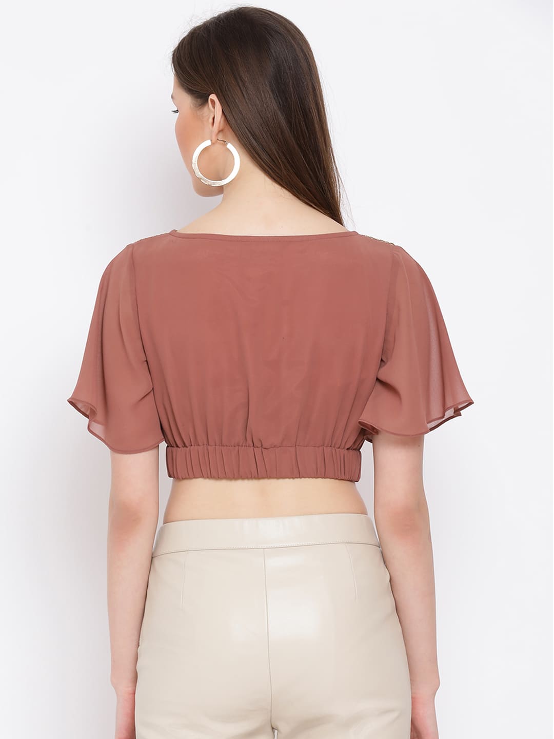 Crop Top,Brown Top,Crop Top,Round Neck Top,Short Sleeves Top,Brown Solid Top