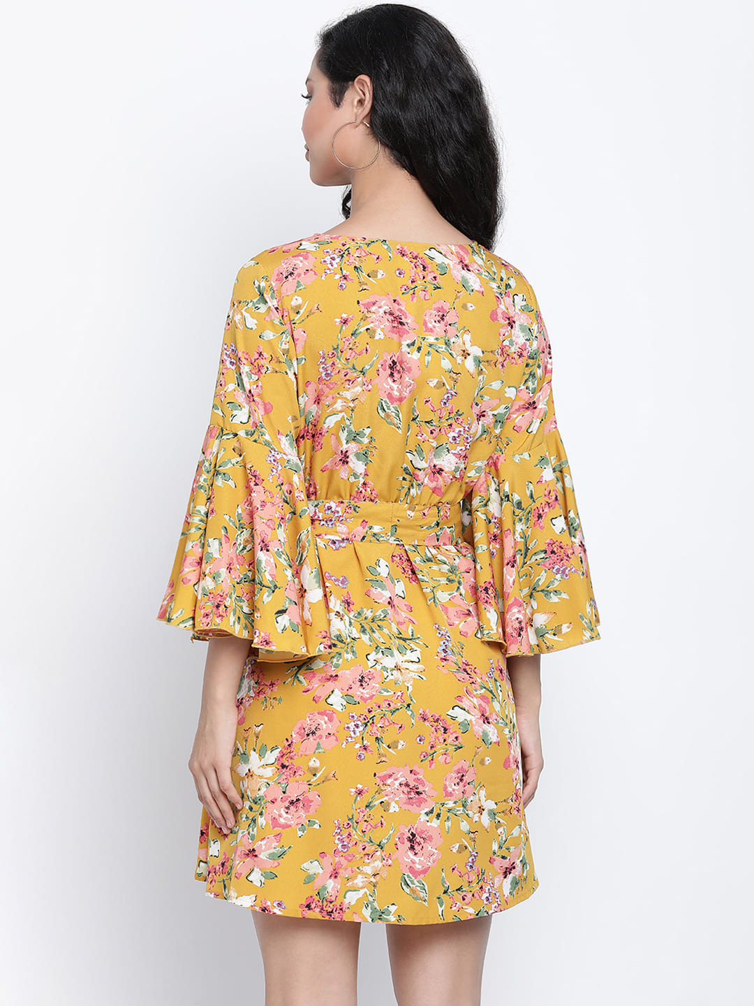 Knee Length,Yellow Dress,Knee Length Dress,V-Neck Dress,Quater Sleeves Dress,Yellow Floral Print Dress