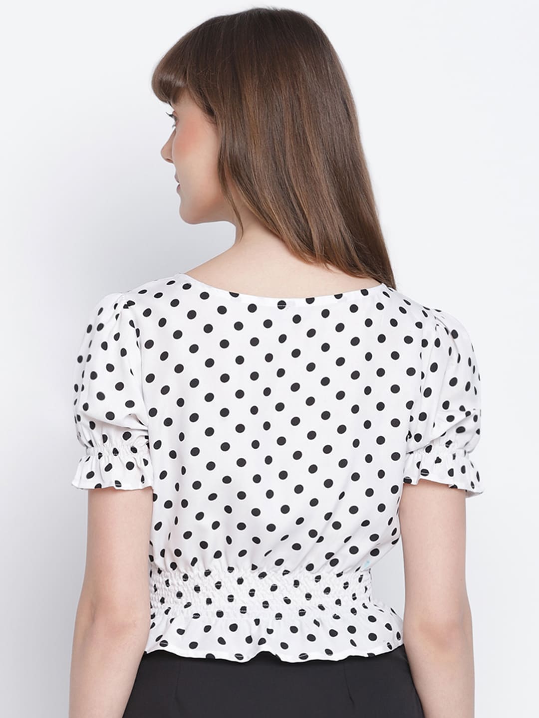 Crop Top,White Top,Crop Top,Round Neck Top,Short Sleeves Top,White Polka Dot Top