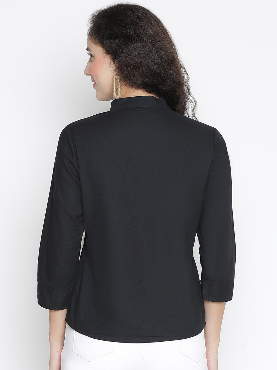 Regular,Black Top,Regular Top,Collared Neck Top,Quater Sleeves Top,Black Solid Top