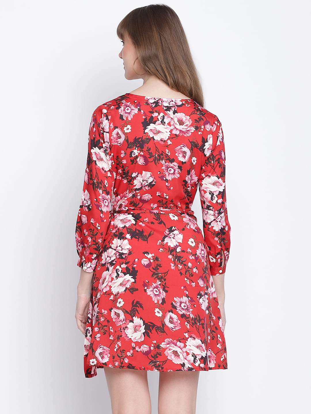 Knee Length,Red Dress,Knee Length Dress,V-Neck Dress,Quater Sleeves Dress,Red Floral Print Dress