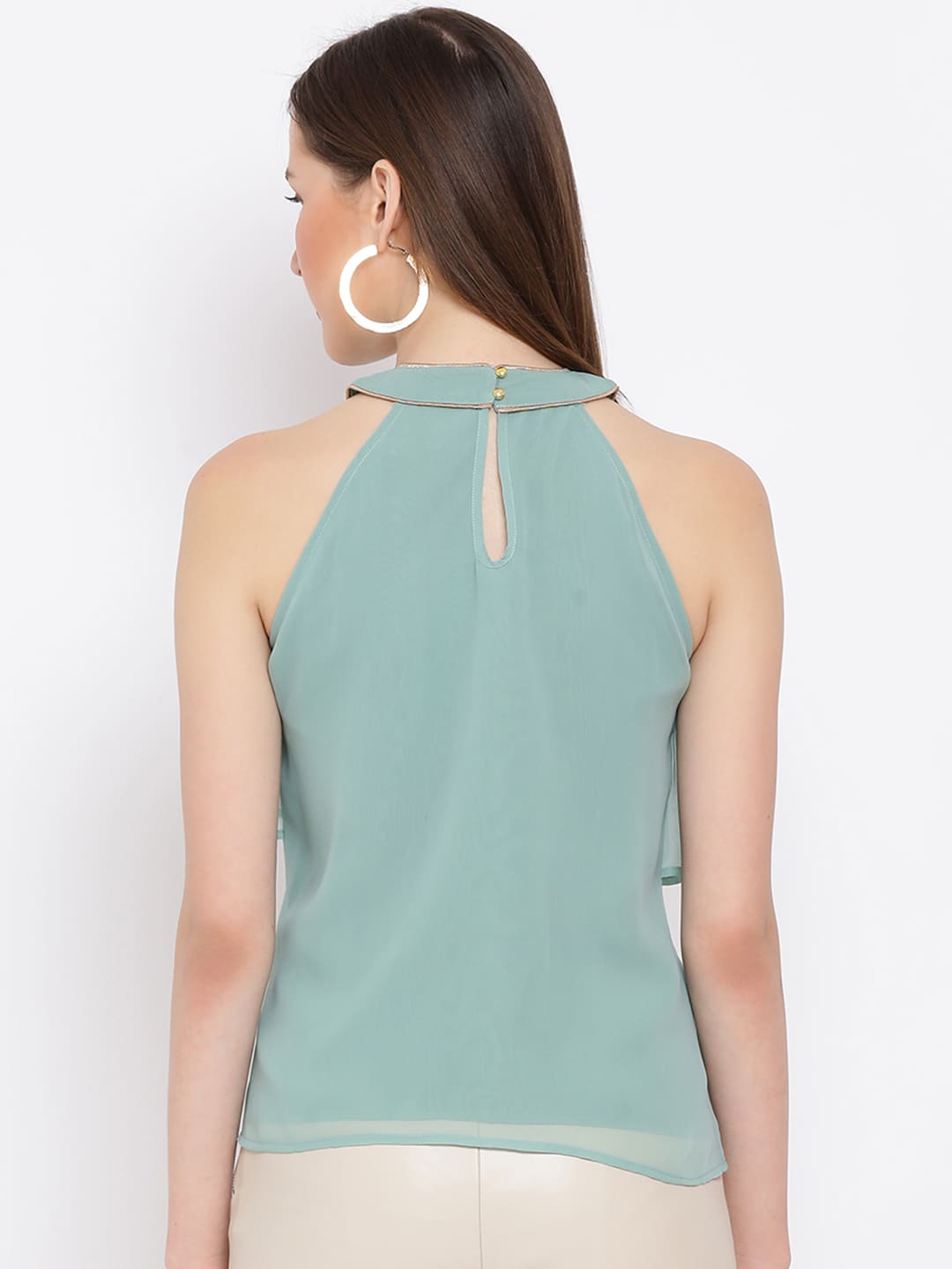 Regular,Green Top,Regular Top,Round Neck Top,Sleeveless Top,Green Solid Top