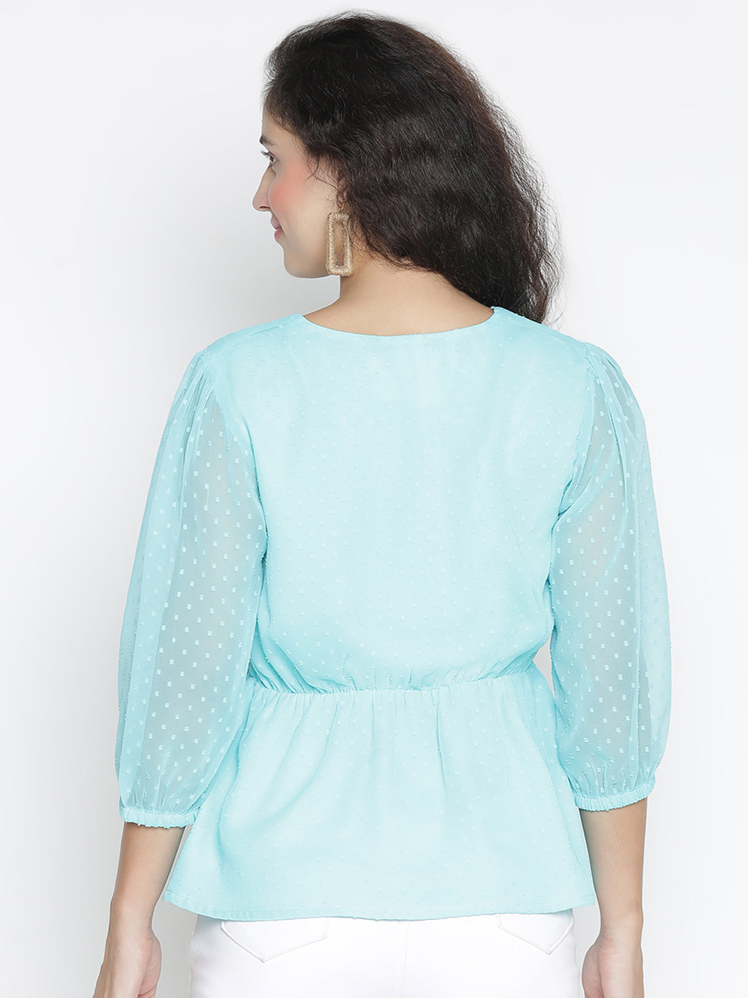 Regular,Blue Top,Regular Top,V-Neck Top,Quater Sleeves Top,Blue Solid Top