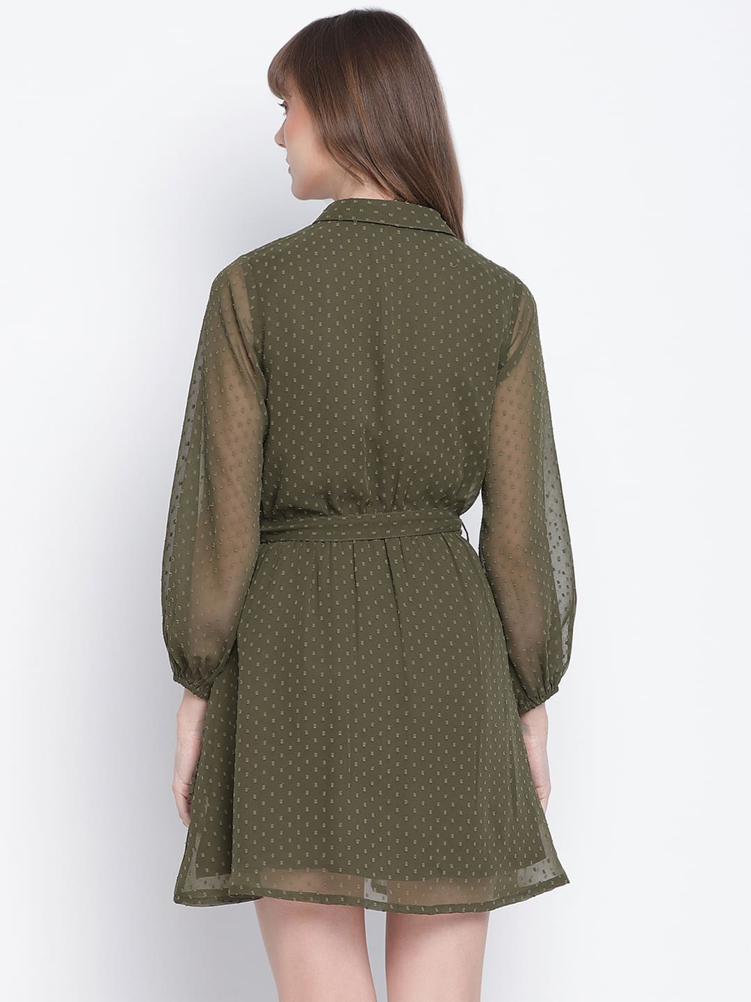 Knee Length,Green Dress,Knee Length Dress,Collared Neck Dress,Full Sleeves Dress,Green Solid Dress