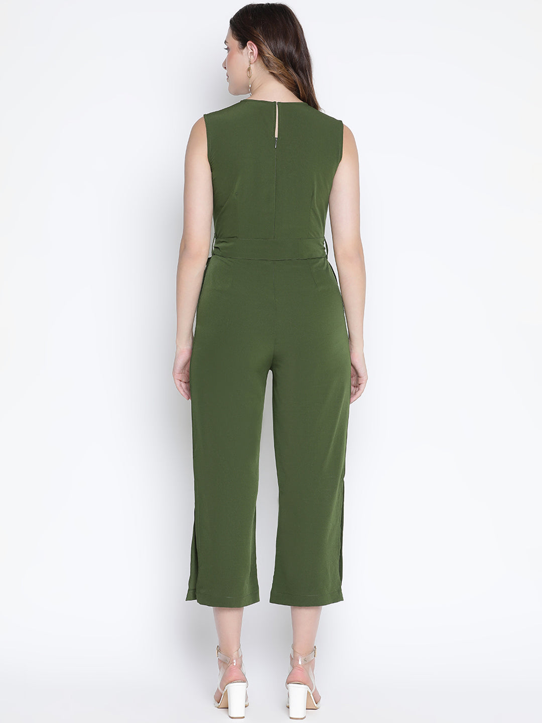 Ankle Length,Green Jumpsuit,Ankle Length Jumpsuit,V-Neck Jumpsuit,Short Sleeves Jumpsuit,Green Solid Jumpsuit