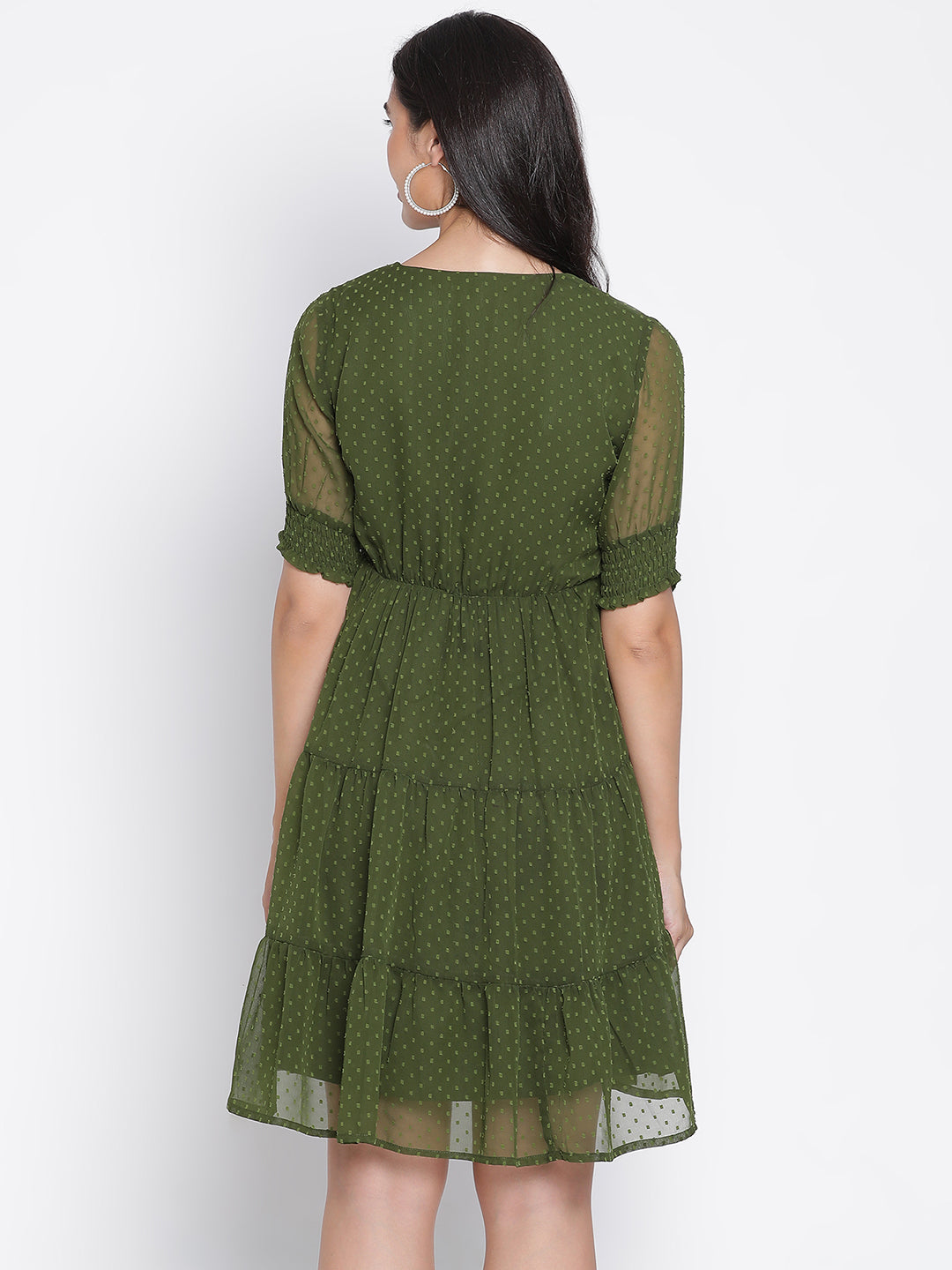 Knee Length,Green Dress,Knee Length Dress,V-Neck Dress,Short Sleeves Dress,Green Solid Dress