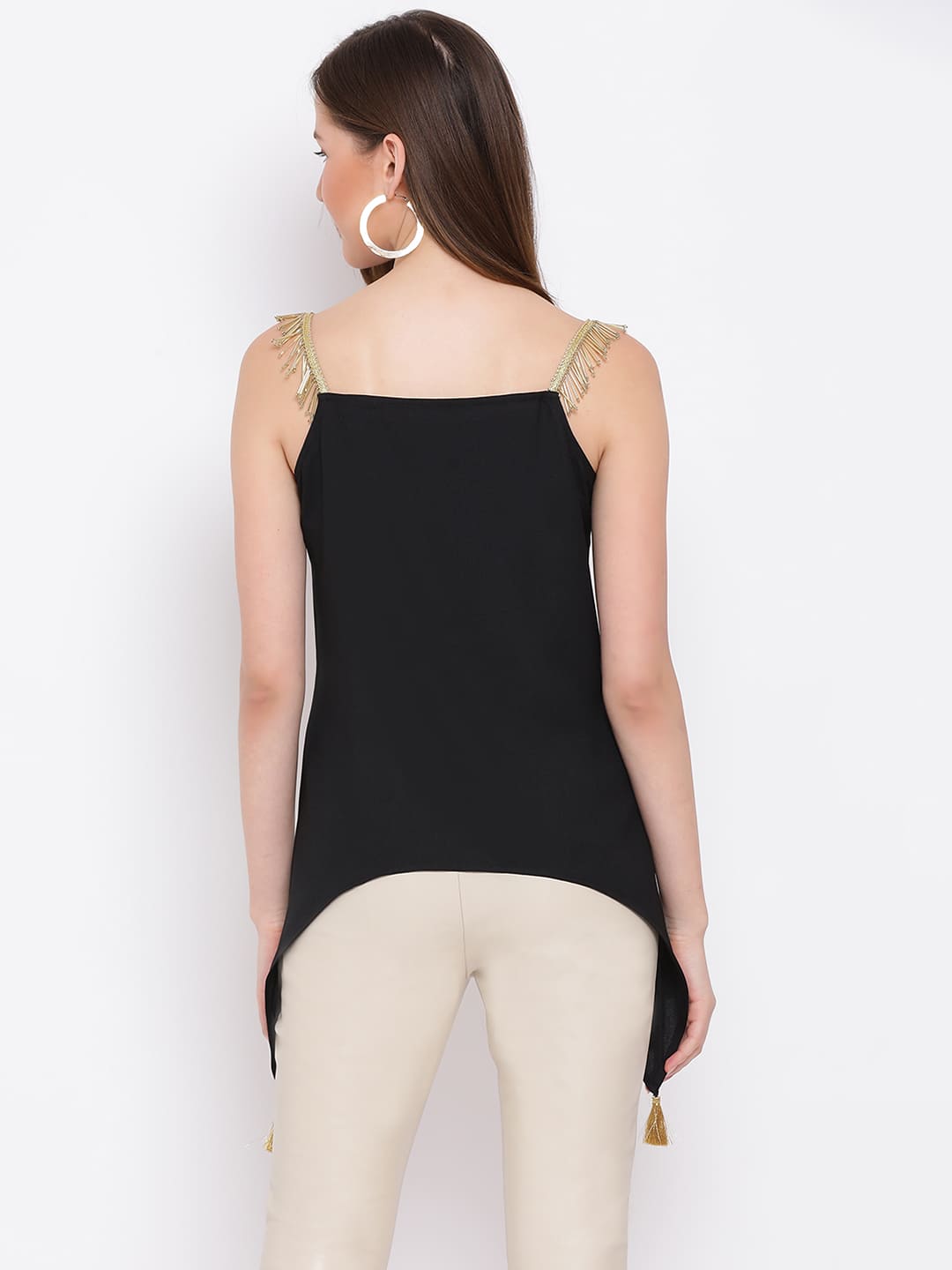 Spaghetti Top,Black Top,Spaghetti Top,Round Neck Top,Sleeveless Top,Black Embellished Top