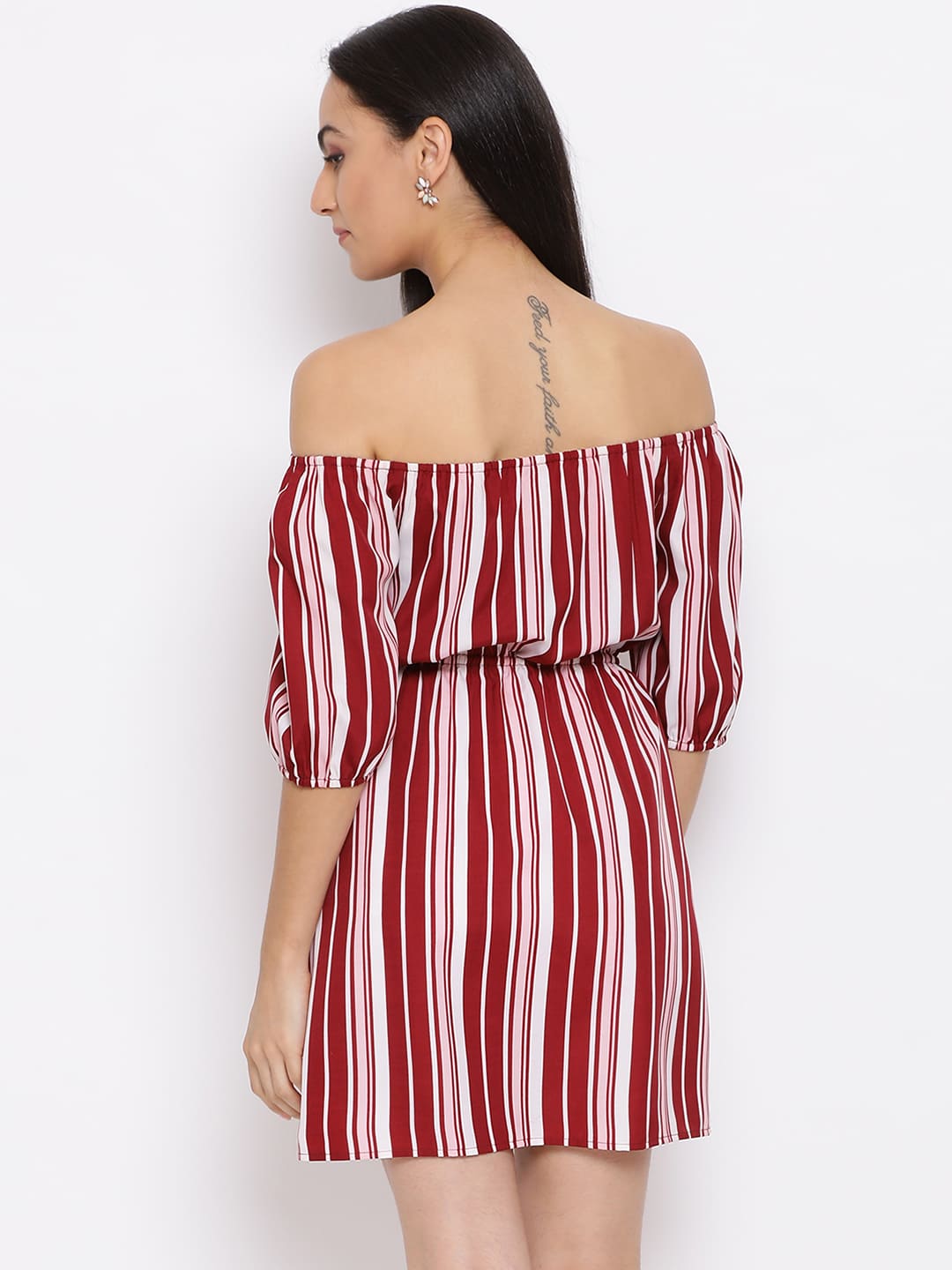 Knee Length,Red Dress,Knee Length Dress,Off Shoulder Dress,Sleeveless Dress,Red Stripes Dress