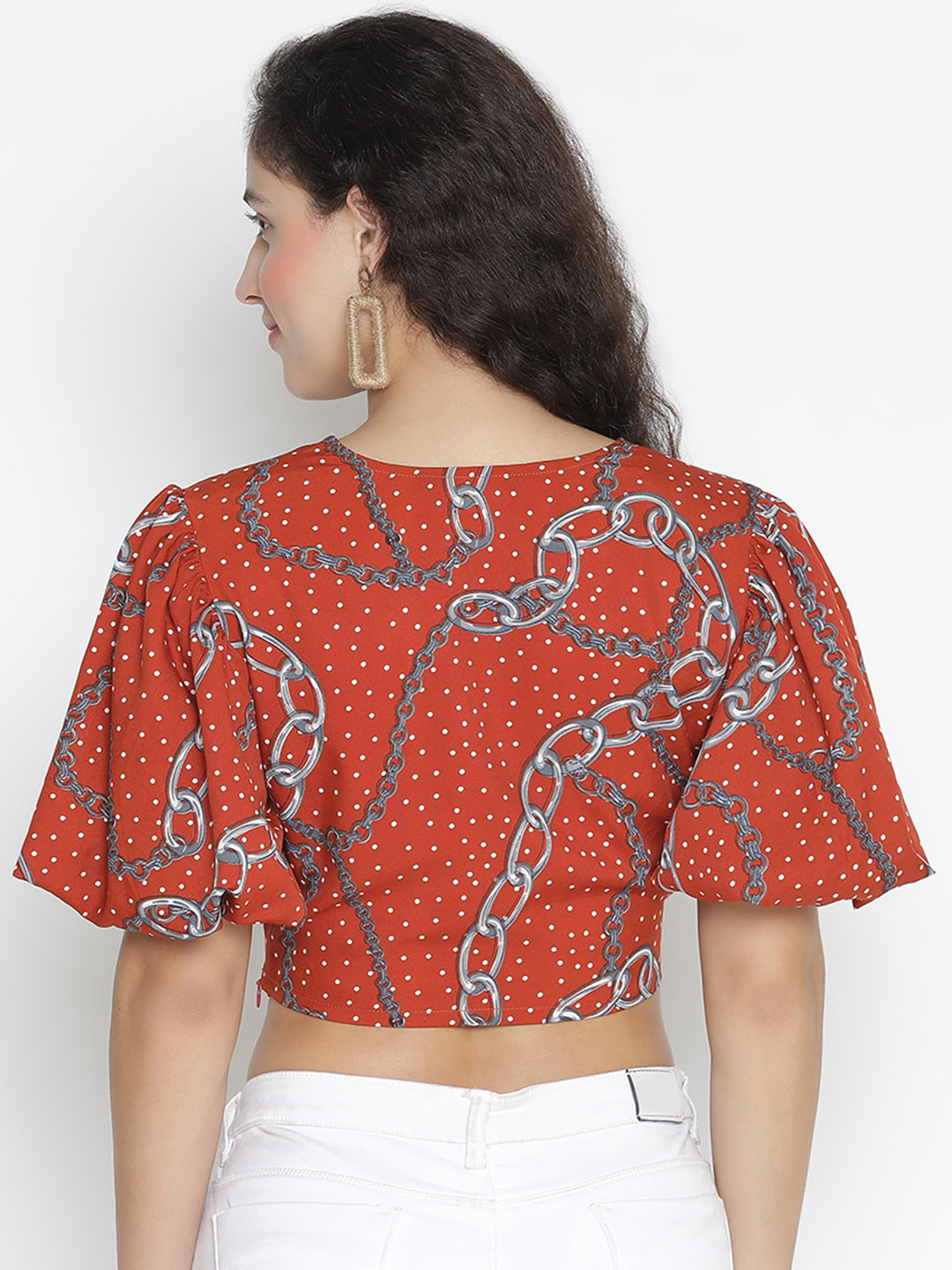 Crop Top,Red Top,Crop Top,V-Neck Top,Short Sleeves Top,Red Printed Top